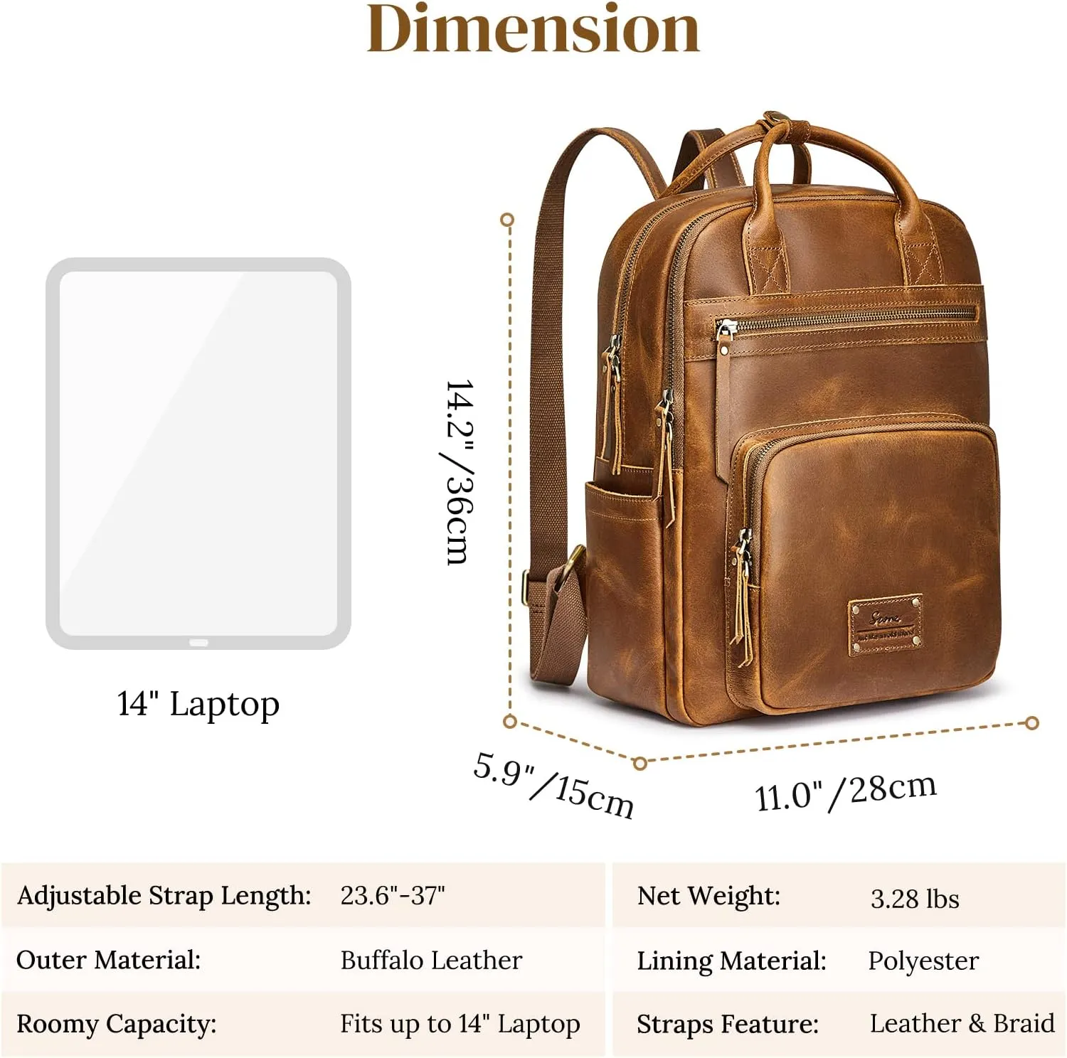 S-ZONE Vintage Genuine Leather Backpack Purse for Women Men Rucksack Travel Daypack with Luggage Sleeve