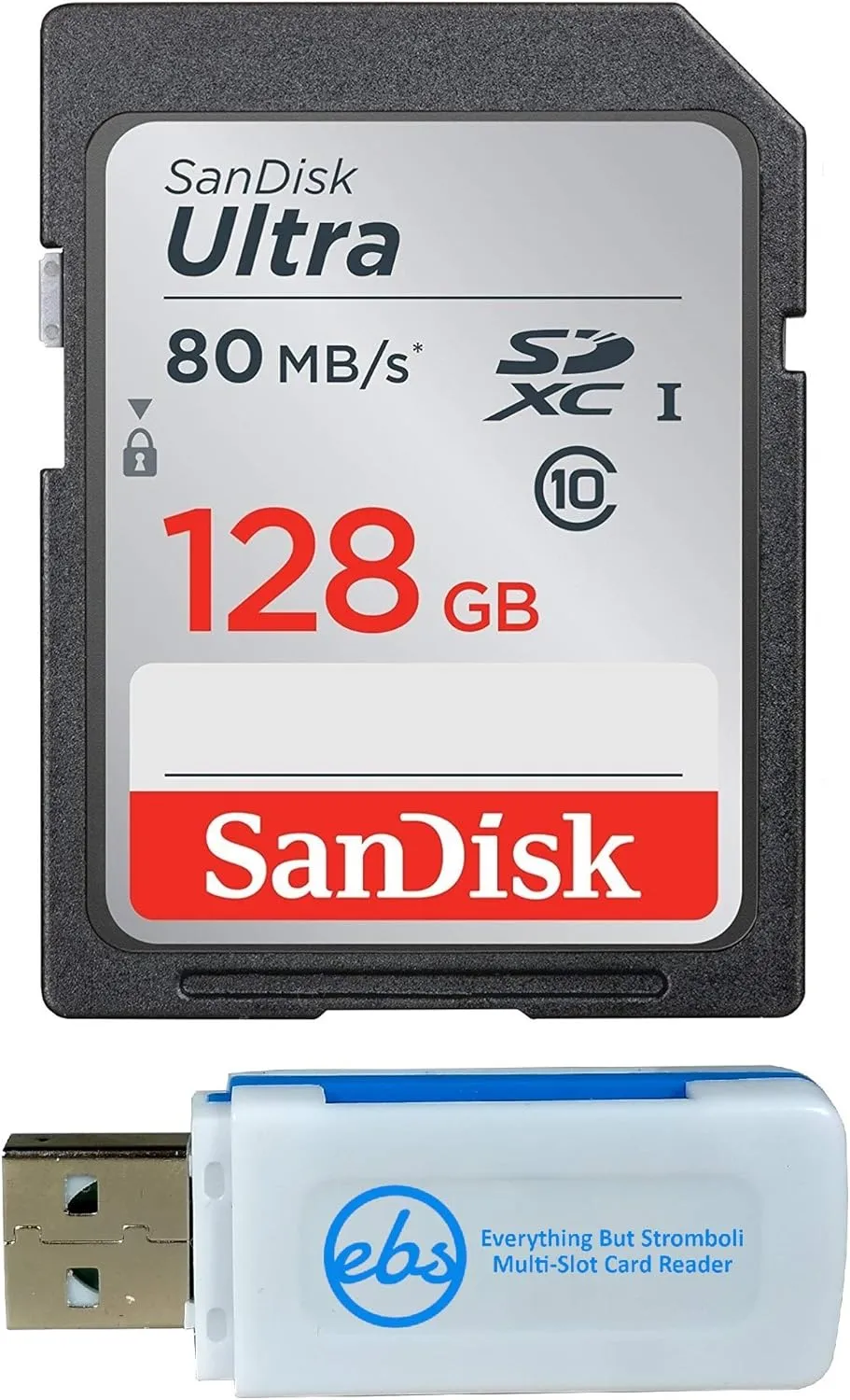 SanDisk 128GB SDXC SD Ultra Memory Card Class 10 Works with Sony Cyber-Shot DSC-W800, W830, W810 Digital Camera (SDSDUNC-128G-GN6IN) Bundle with 1 Everything But Stromboli Multi-Slot Card Reader