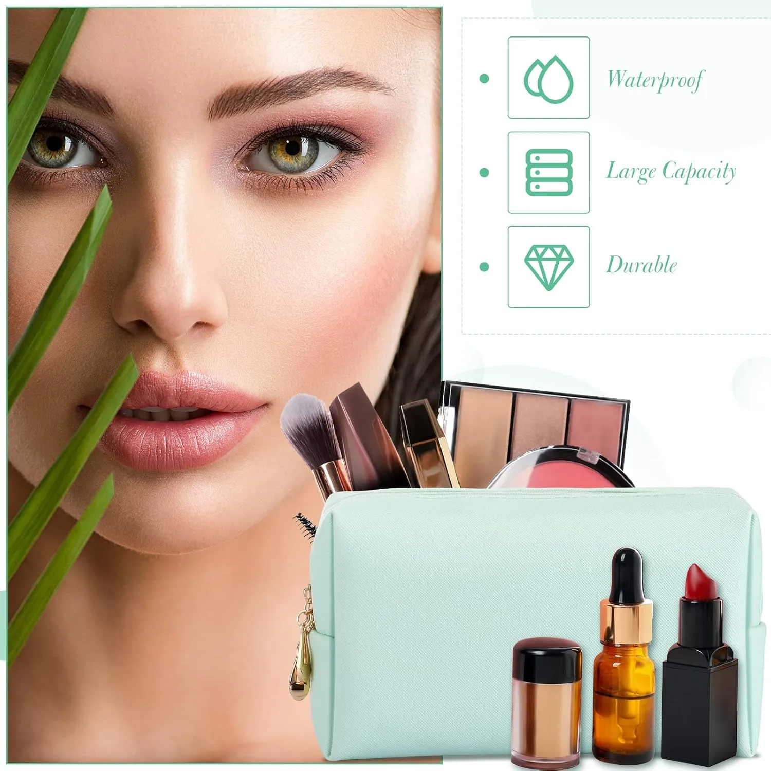 Sanwuta 9 Pcs Makeup Bags PU Double Zippers Cosmetic Bag Makeup Toiletry Pouch Bulk Portable Travel Organizers Case for Women Bachelorette Party End of the Year Graduation Gift(Mint Green)