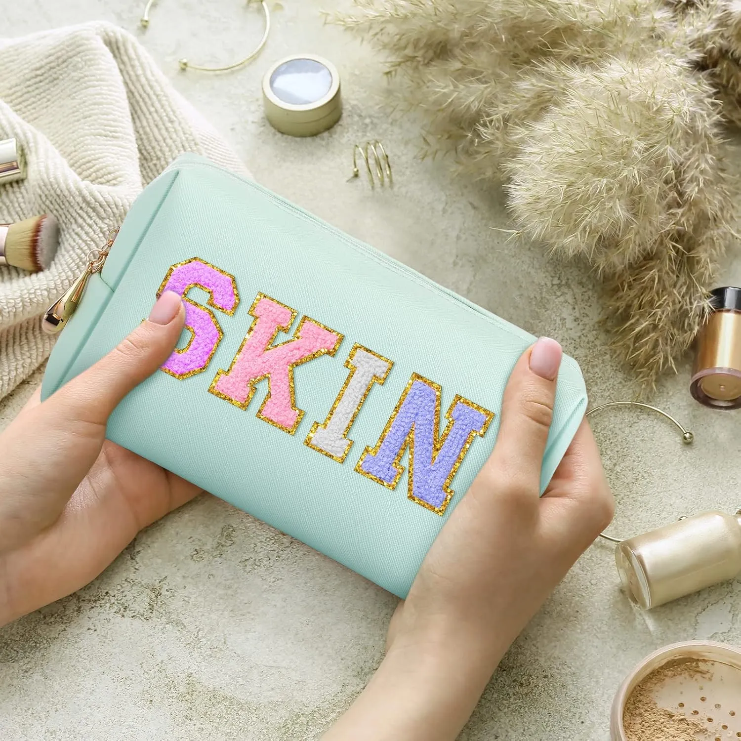 Sanwuta 9 Pcs Makeup Bags PU Double Zippers Cosmetic Bag Makeup Toiletry Pouch Bulk Portable Travel Organizers Case for Women Bachelorette Party End of the Year Graduation Gift(Mint Green)