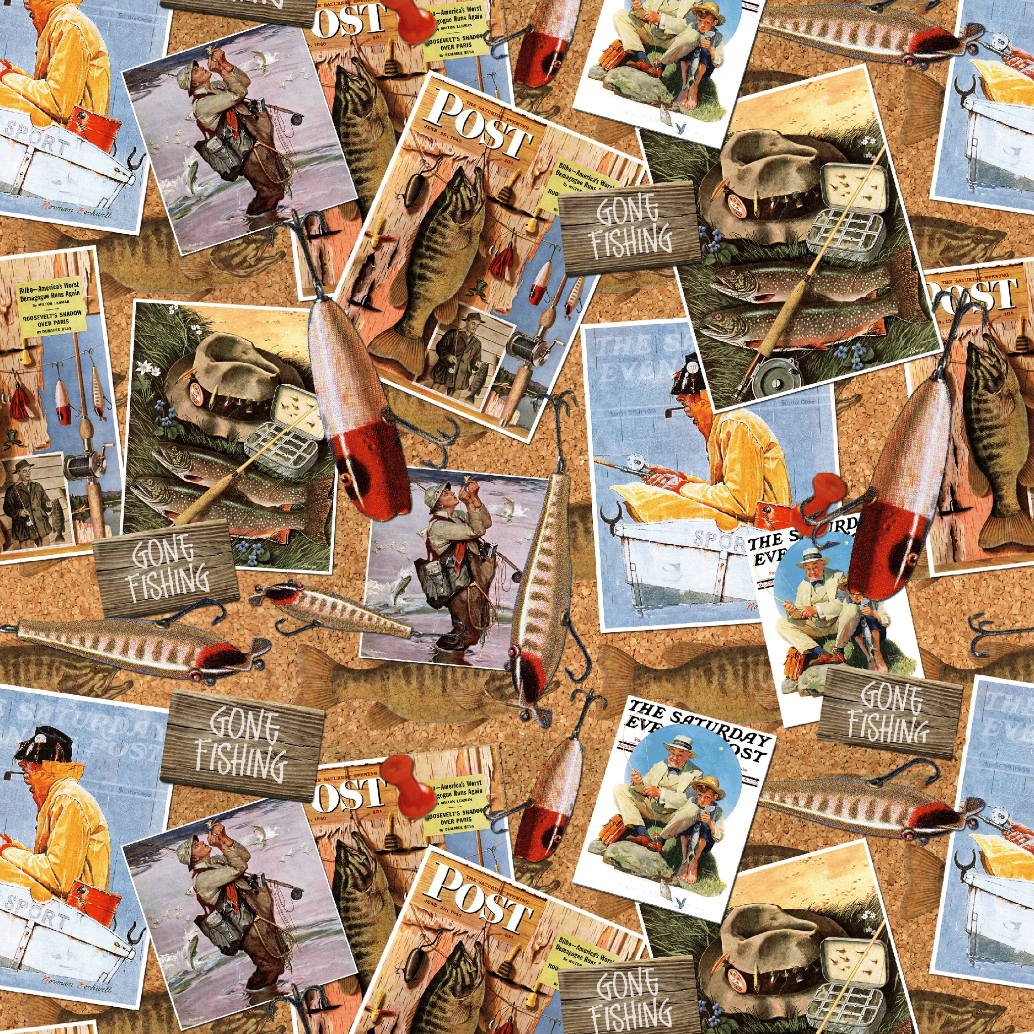 Saturday Evening Post - Angler's Nostalgia - Vintage Fishing Collage Fabric
