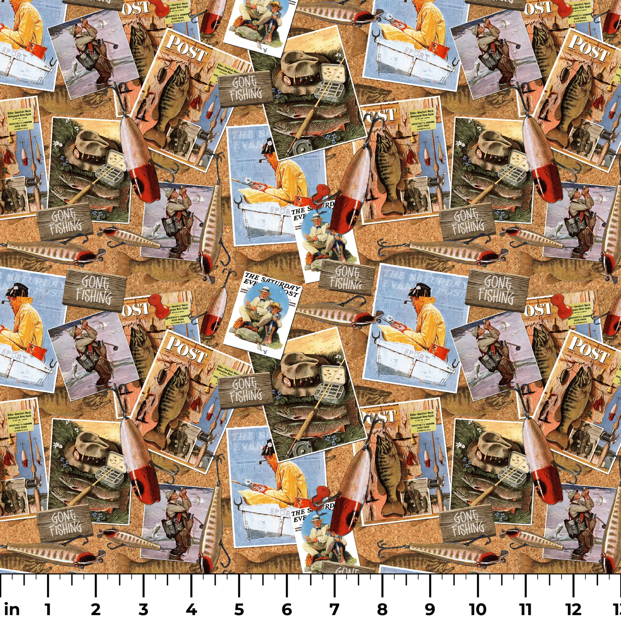 Saturday Evening Post - Angler's Nostalgia - Vintage Fishing Collage Fabric