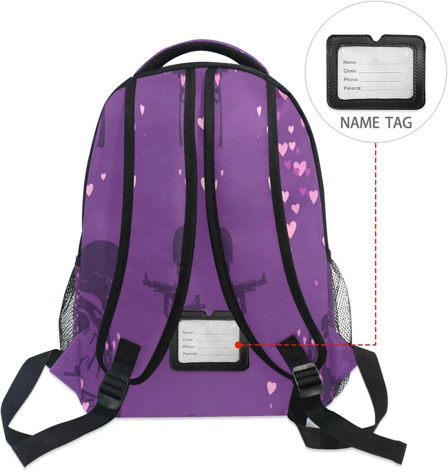 School Backpack for Men Women Fashion Vintage Daypacks with Chest Strap for Travel Trip Purple Heart Day Soldier with Gun