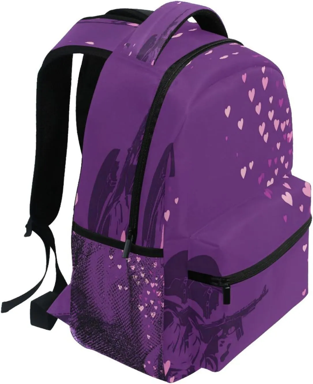 School Backpack for Men Women Fashion Vintage Daypacks with Chest Strap for Travel Trip Purple Heart Day Soldier with Gun