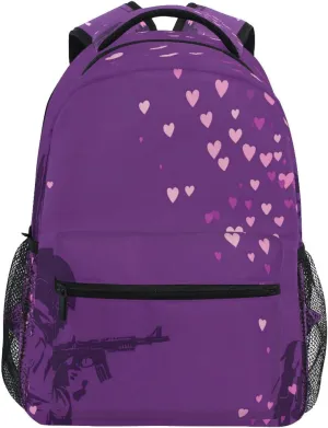 School Backpack for Men Women Fashion Vintage Daypacks with Chest Strap for Travel Trip Purple Heart Day Soldier with Gun