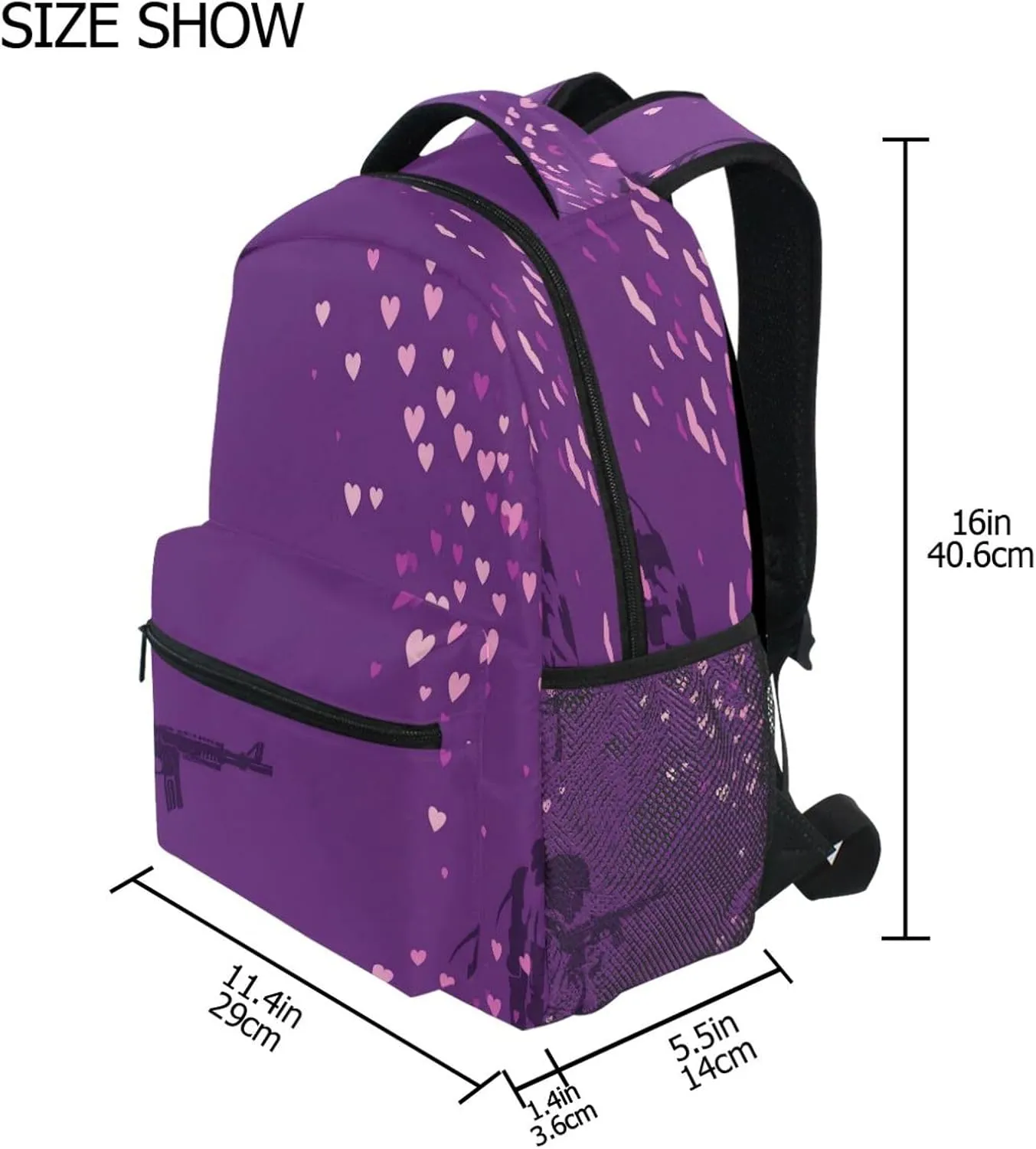 School Backpack for Men Women Fashion Vintage Daypacks with Chest Strap for Travel Trip Purple Heart Day Soldier with Gun