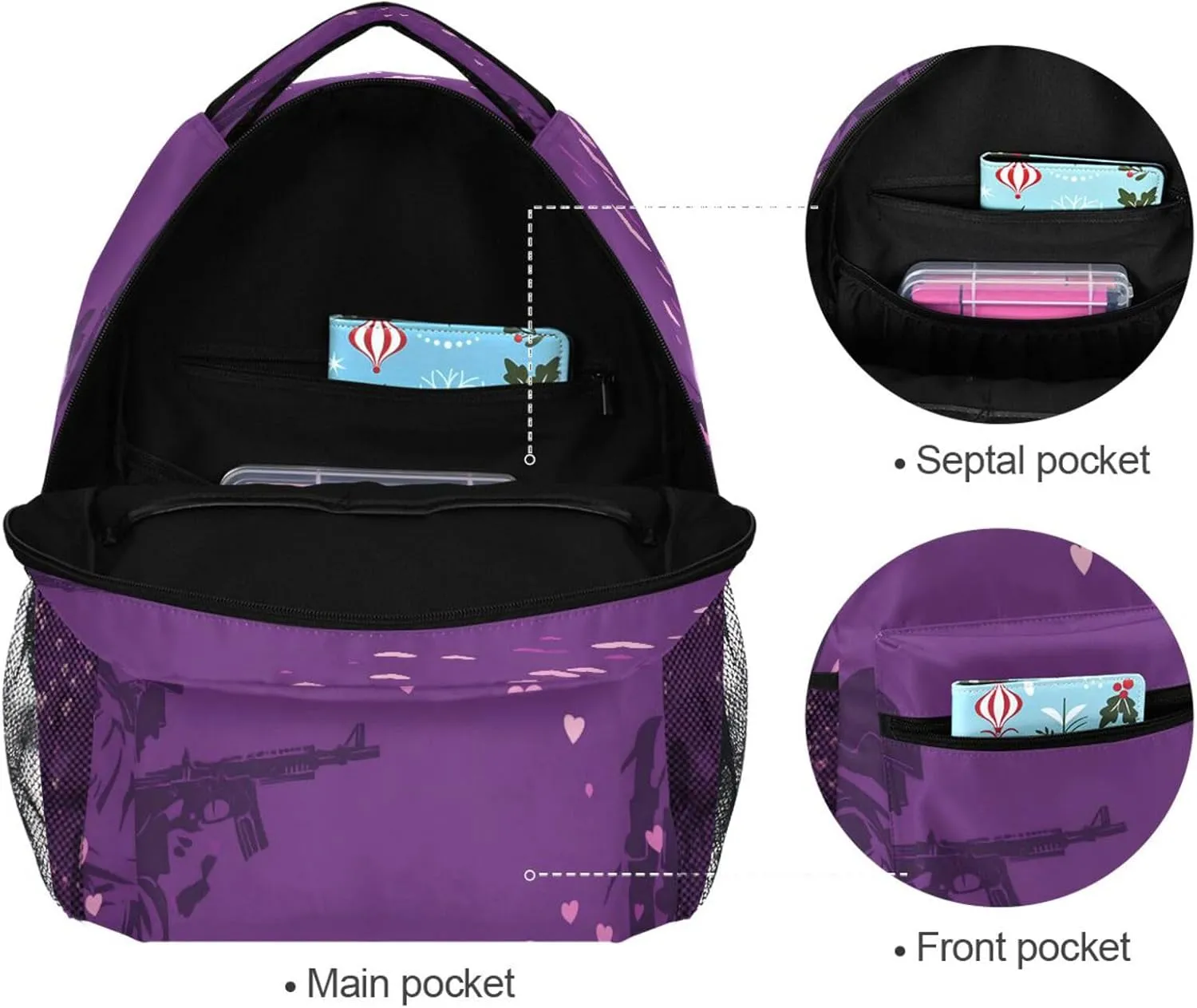 School Backpack for Men Women Fashion Vintage Daypacks with Chest Strap for Travel Trip Purple Heart Day Soldier with Gun
