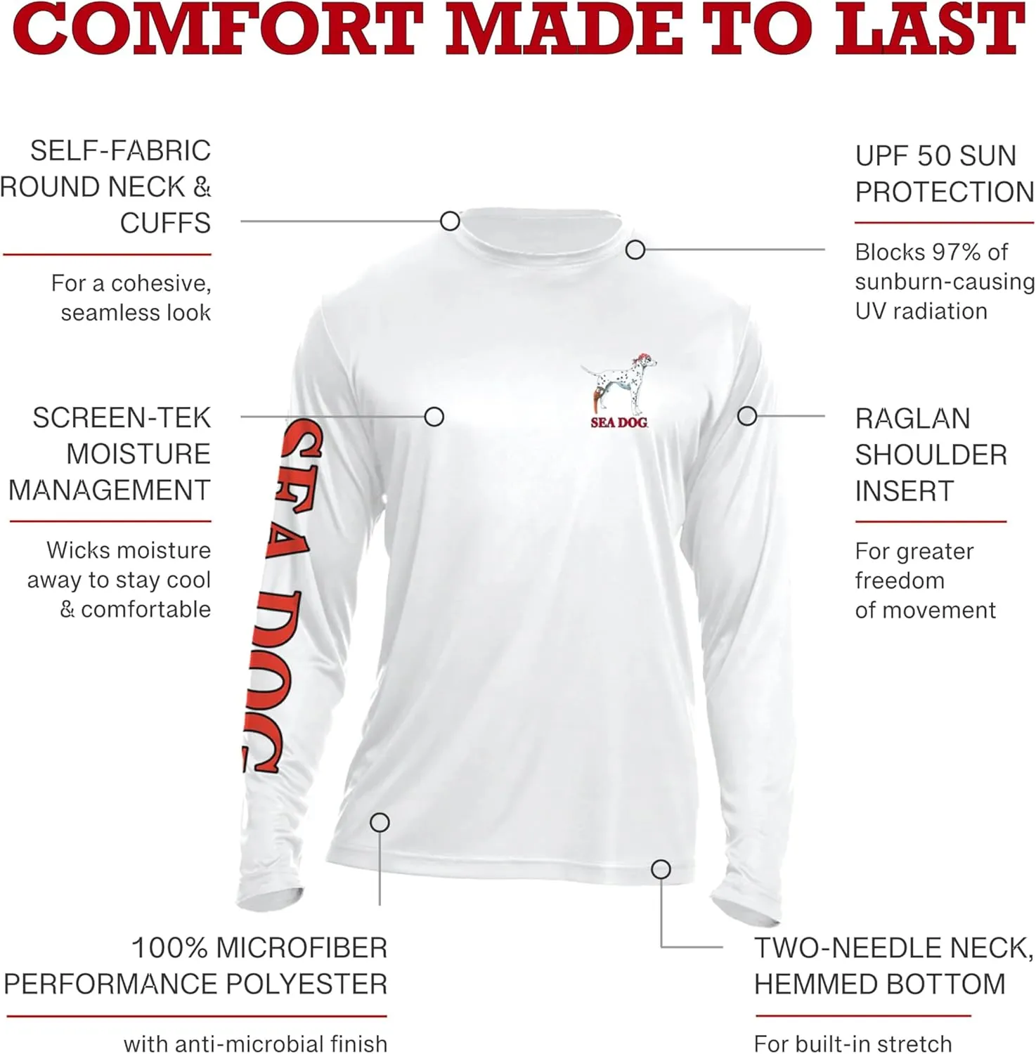 SEA DOG Home of The Free UPF50 UV Sun Protection Long Sleeve Shirt 100% Microfiber Polyester - Designed & Printed in USA