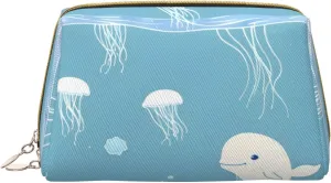 Sea Whale And Jellyfish Leather Toiletry Organizer Bag, Travel-Friendly Makeup Pouch For Women