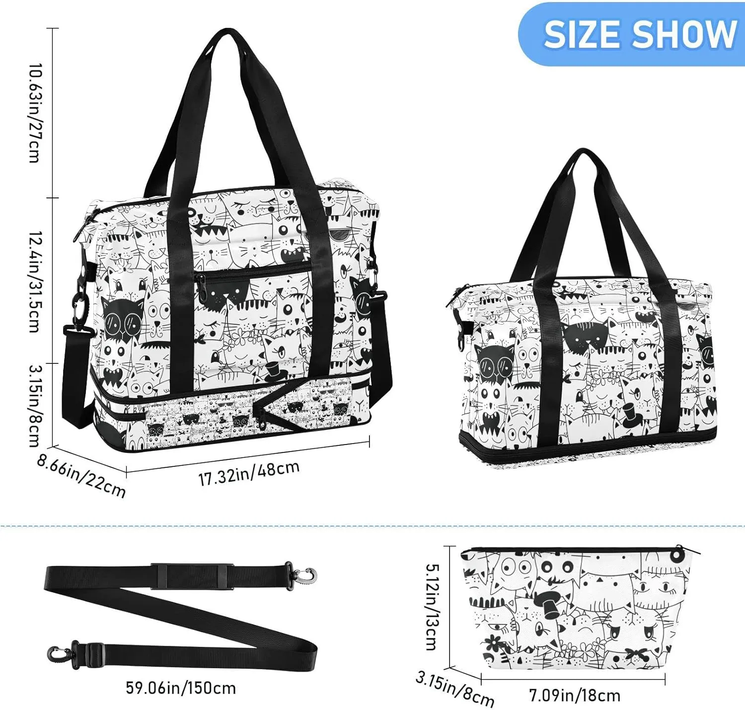 Seamless Doodle Cats Head Different Animal Faces Black White Gym Duffel Bag, Polyester Travel Weekender Luggage Handbag with Waterproof Pocket for Wet Items, Unisex Foldable Tote for Sports