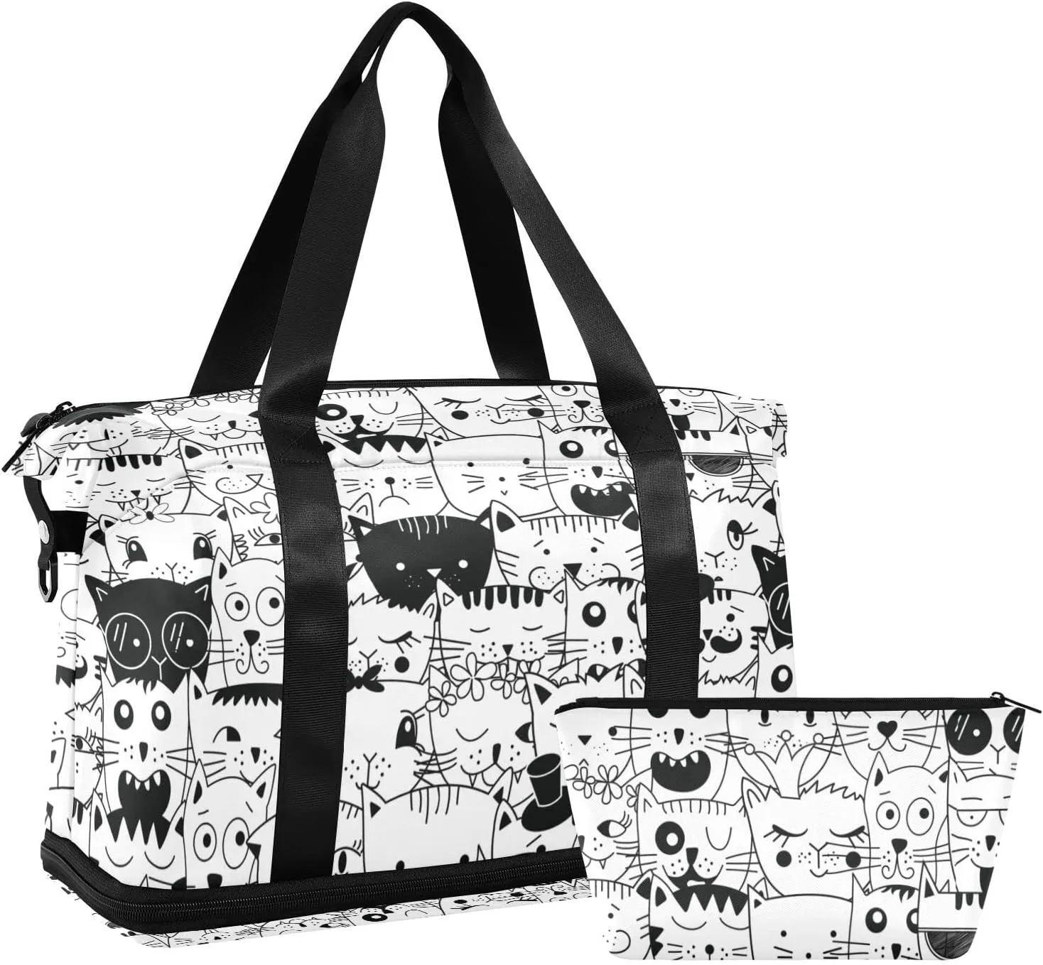 Seamless Doodle Cats Head Different Animal Faces Black White Gym Duffel Bag, Polyester Travel Weekender Luggage Handbag with Waterproof Pocket for Wet Items, Unisex Foldable Tote for Sports