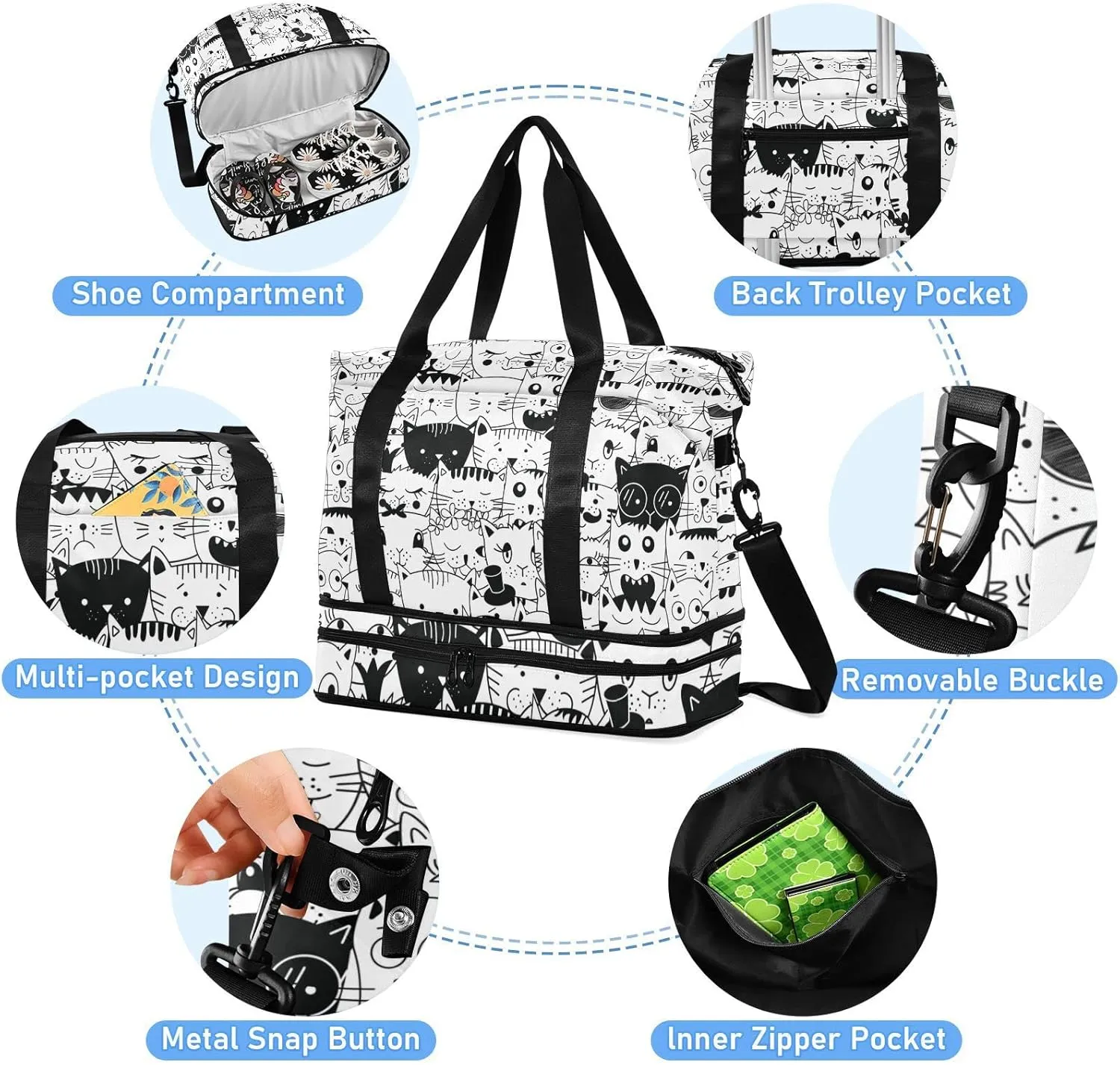Seamless Doodle Cats Head Different Animal Faces Black White Gym Duffel Bag, Polyester Travel Weekender Luggage Handbag with Waterproof Pocket for Wet Items, Unisex Foldable Tote for Sports