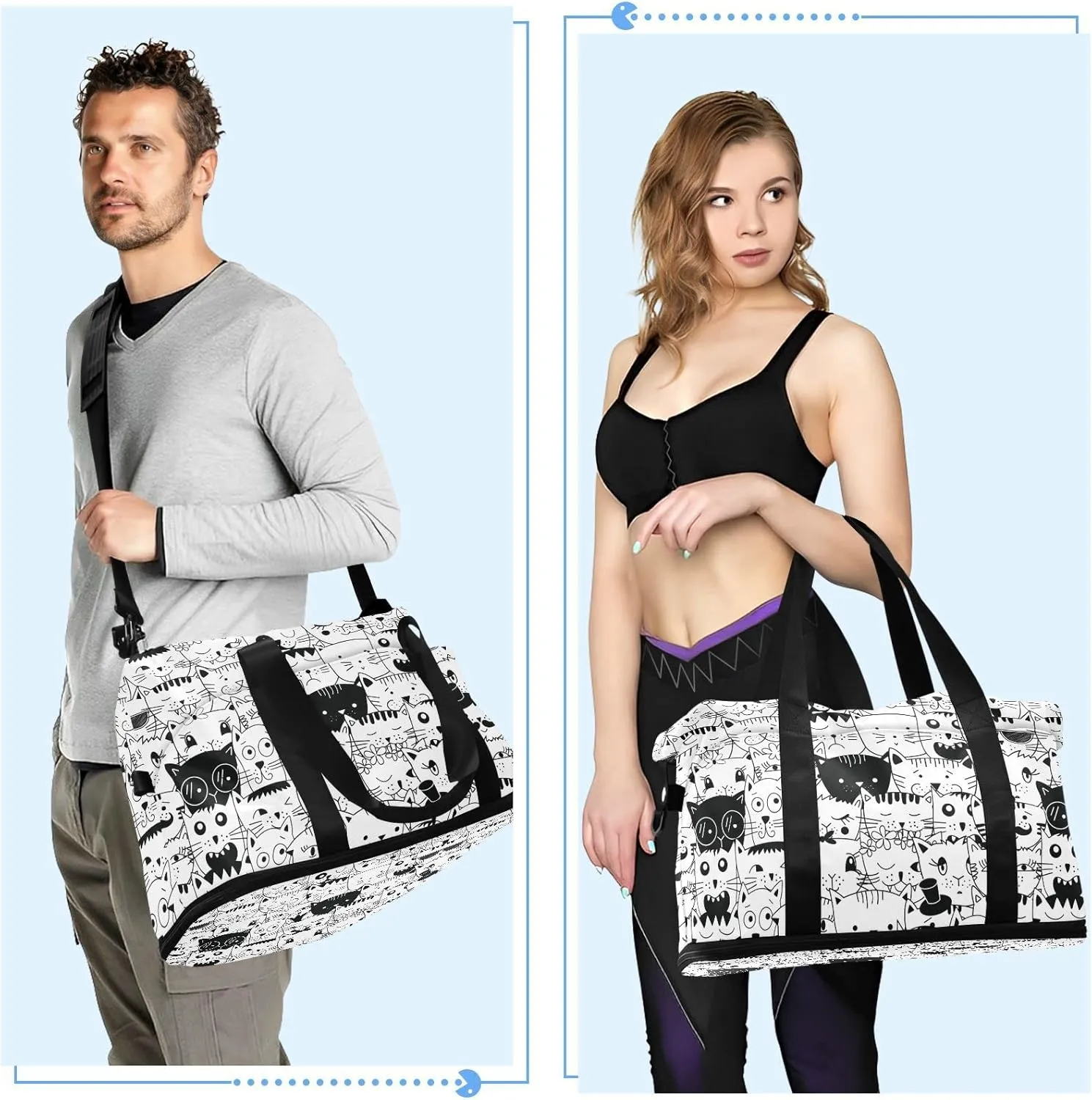 Seamless Doodle Cats Head Different Animal Faces Black White Gym Duffel Bag, Polyester Travel Weekender Luggage Handbag with Waterproof Pocket for Wet Items, Unisex Foldable Tote for Sports