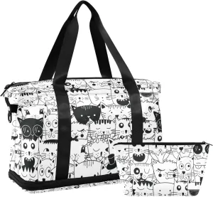 Seamless Doodle Cats Head Different Animal Faces Black White Gym Duffel Bag, Polyester Travel Weekender Luggage Handbag with Waterproof Pocket for Wet Items, Unisex Foldable Tote for Sports