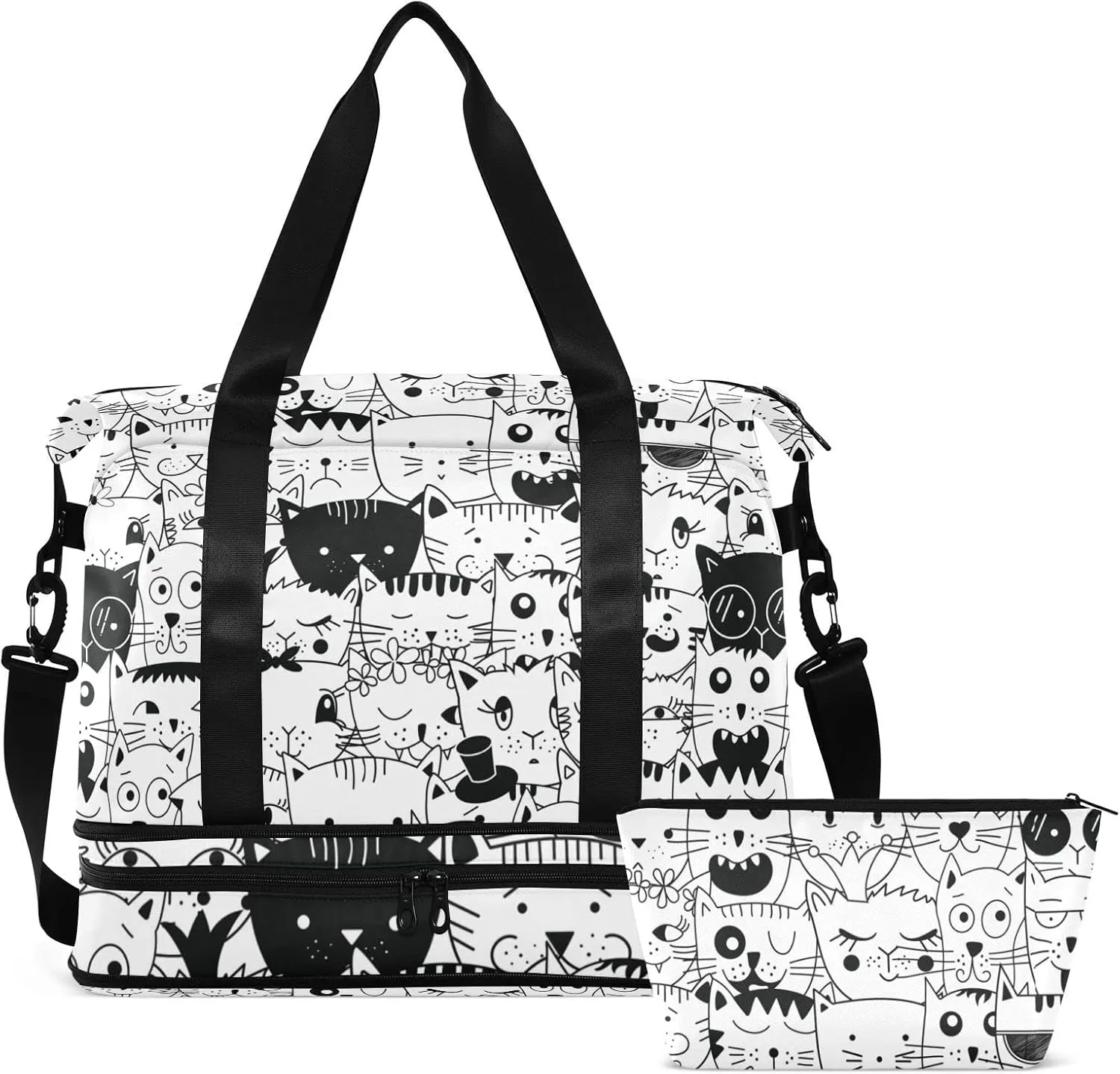 Seamless Doodle Cats Head Different Animal Faces Black White Gym Duffel Bag, Polyester Travel Weekender Luggage Handbag with Waterproof Pocket for Wet Items, Unisex Foldable Tote for Sports