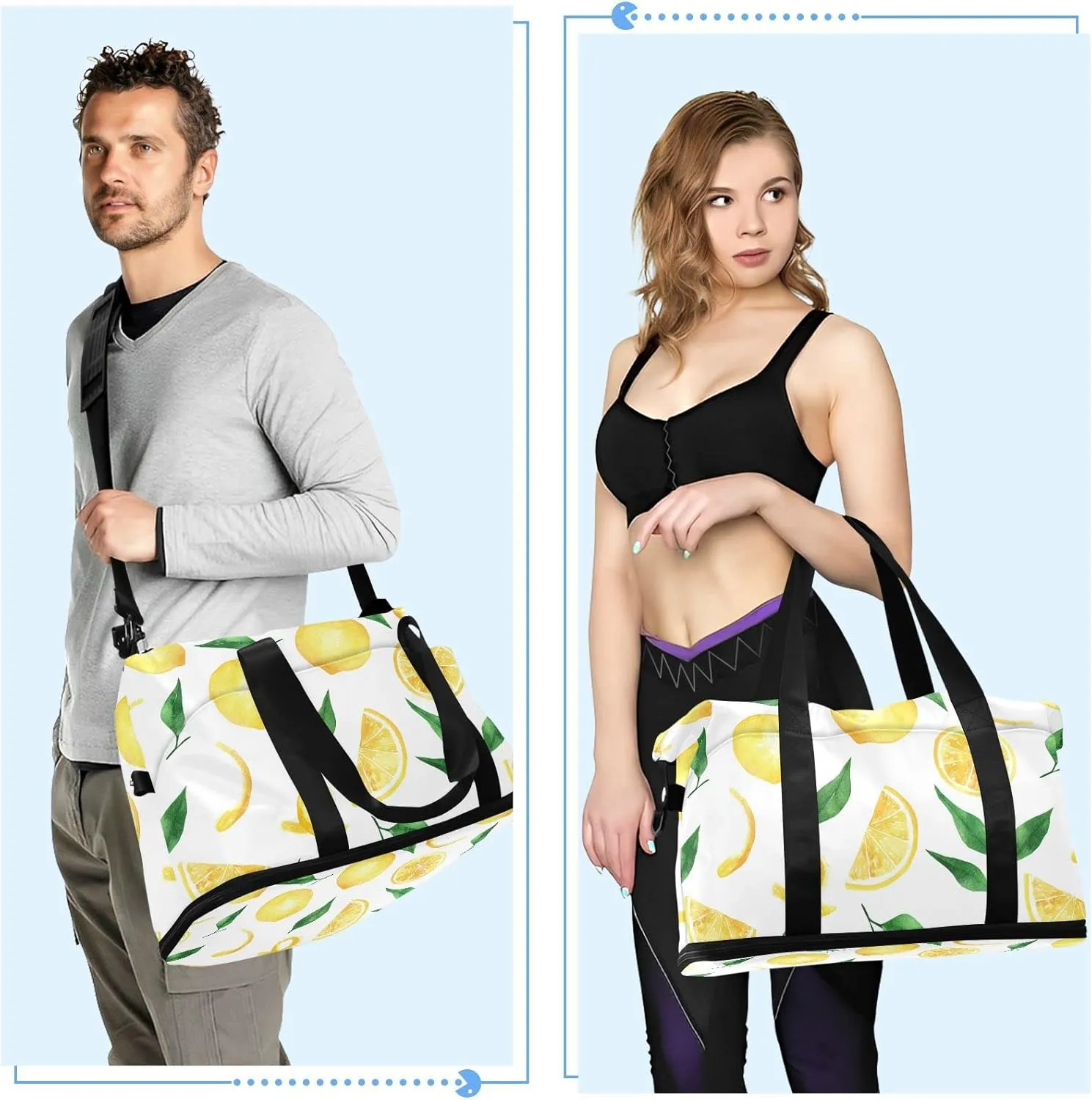 Seamless Yellow Lemons Slices Green Leaves on White Gym Duffel Bag, Polyester Travel Weekender Luggage Handbag with Waterproof Pocket for Wet Items, Unisex Foldable Tote for Sports