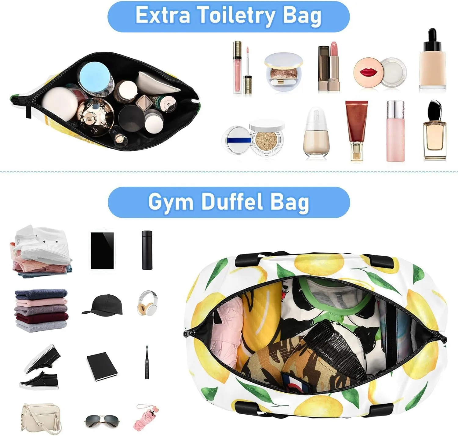 Seamless Yellow Lemons Slices Green Leaves on White Gym Duffel Bag, Polyester Travel Weekender Luggage Handbag with Waterproof Pocket for Wet Items, Unisex Foldable Tote for Sports