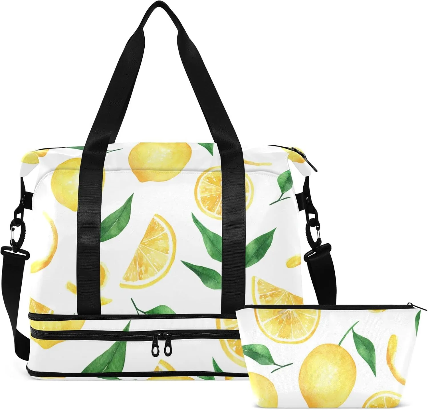 Seamless Yellow Lemons Slices Green Leaves on White Gym Duffel Bag, Polyester Travel Weekender Luggage Handbag with Waterproof Pocket for Wet Items, Unisex Foldable Tote for Sports