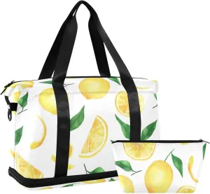 Seamless Yellow Lemons Slices Green Leaves on White Gym Duffel Bag, Polyester Travel Weekender Luggage Handbag with Waterproof Pocket for Wet Items, Unisex Foldable Tote for Sports
