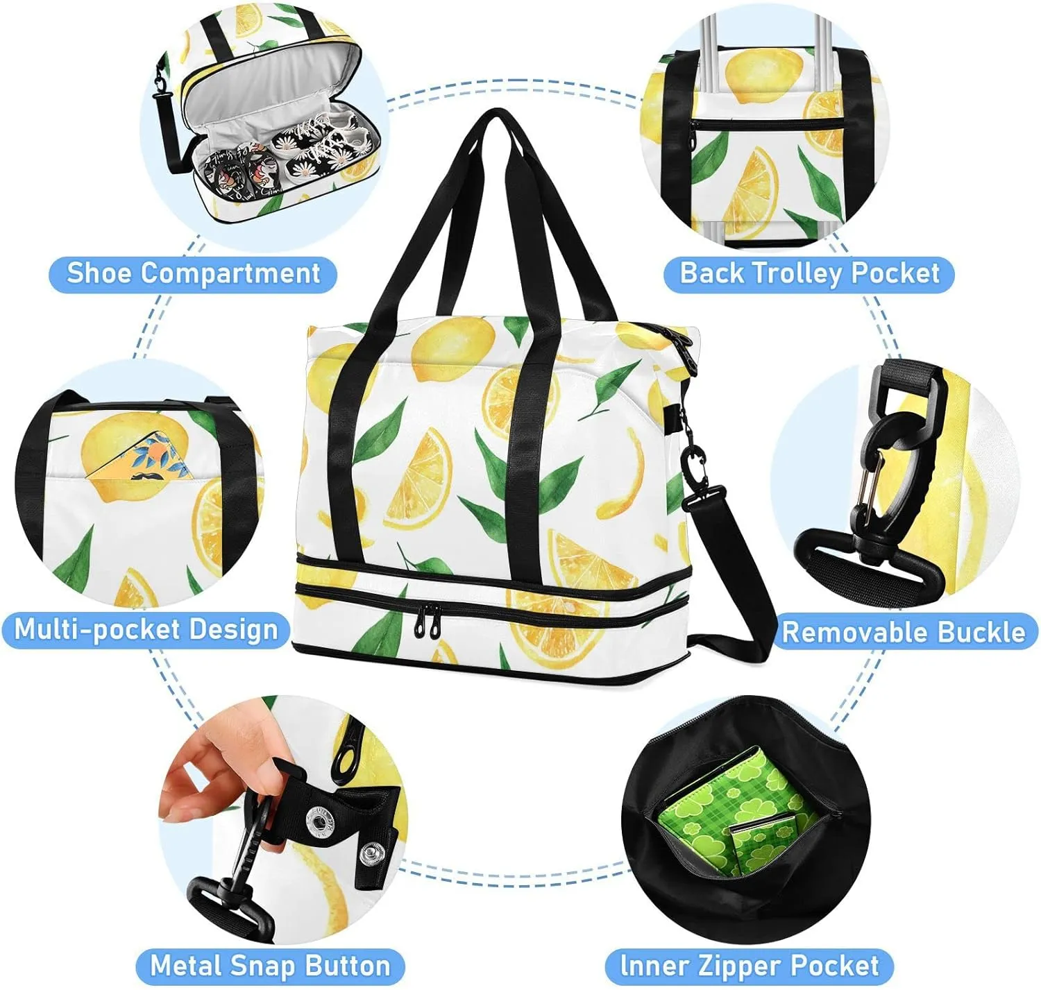 Seamless Yellow Lemons Slices Green Leaves on White Gym Duffel Bag, Polyester Travel Weekender Luggage Handbag with Waterproof Pocket for Wet Items, Unisex Foldable Tote for Sports