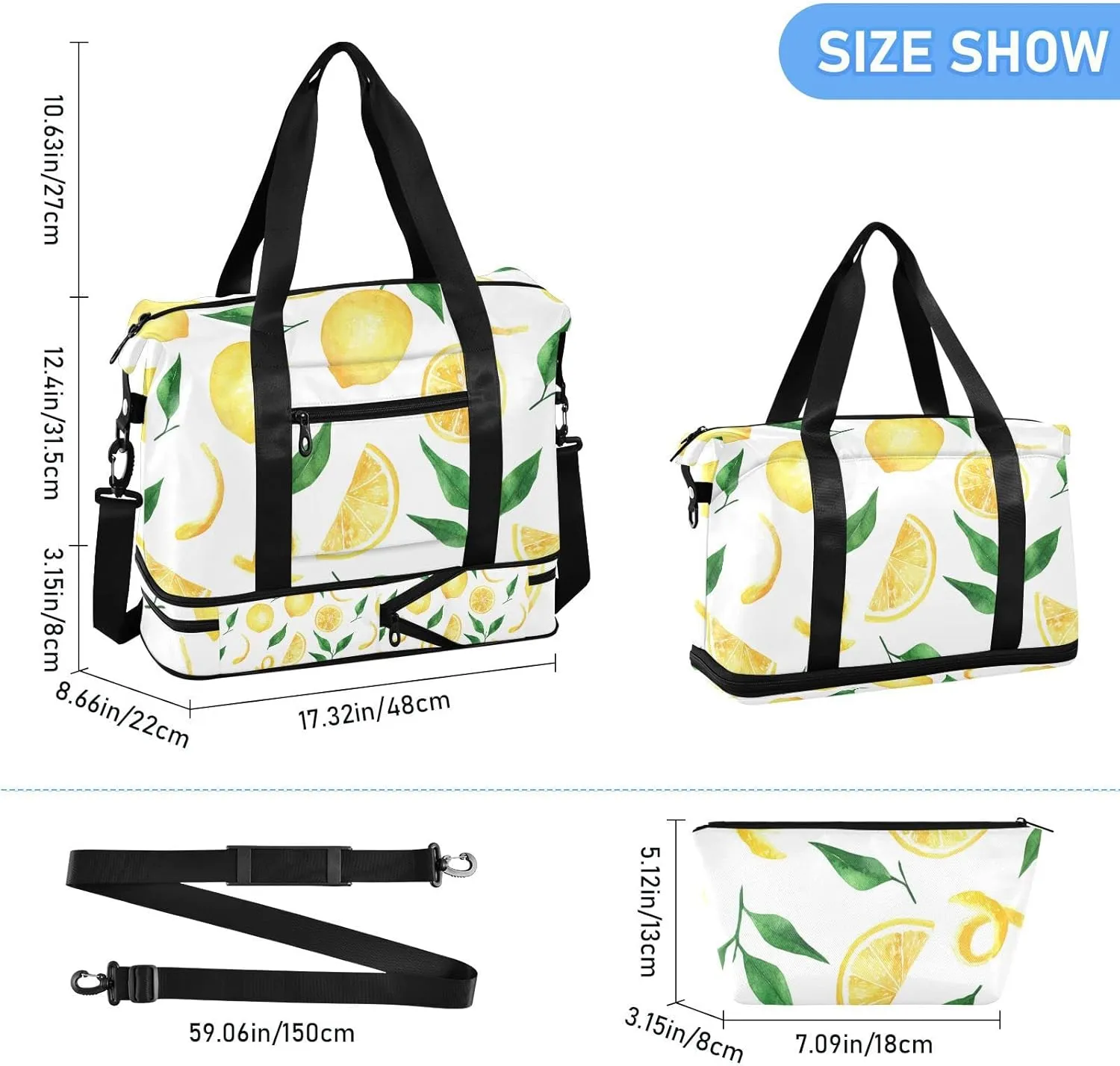 Seamless Yellow Lemons Slices Green Leaves on White Gym Duffel Bag, Polyester Travel Weekender Luggage Handbag with Waterproof Pocket for Wet Items, Unisex Foldable Tote for Sports
