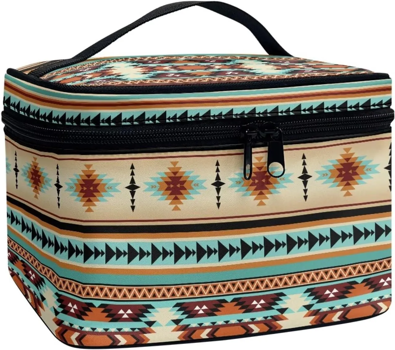 SEANATIVE Aztec Ethnic Makeup Bag Large Capacity Travel Cosmetic Case Organizer Multifunctional Open Flat Toiletry Bag with Handle for Women, Ethnic Style