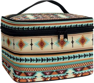 SEANATIVE Aztec Ethnic Makeup Bag Large Capacity Travel Cosmetic Case Organizer Multifunctional Open Flat Toiletry Bag with Handle for Women, Ethnic Style