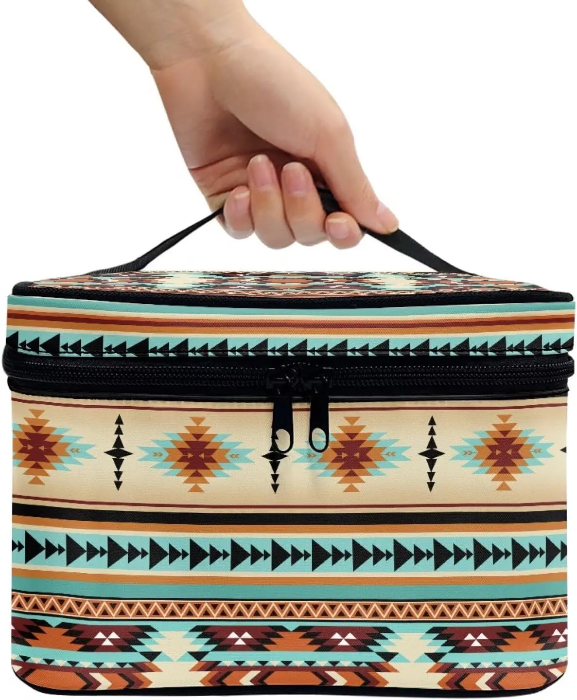 SEANATIVE Aztec Ethnic Makeup Bag Large Capacity Travel Cosmetic Case Organizer Multifunctional Open Flat Toiletry Bag with Handle for Women, Ethnic Style