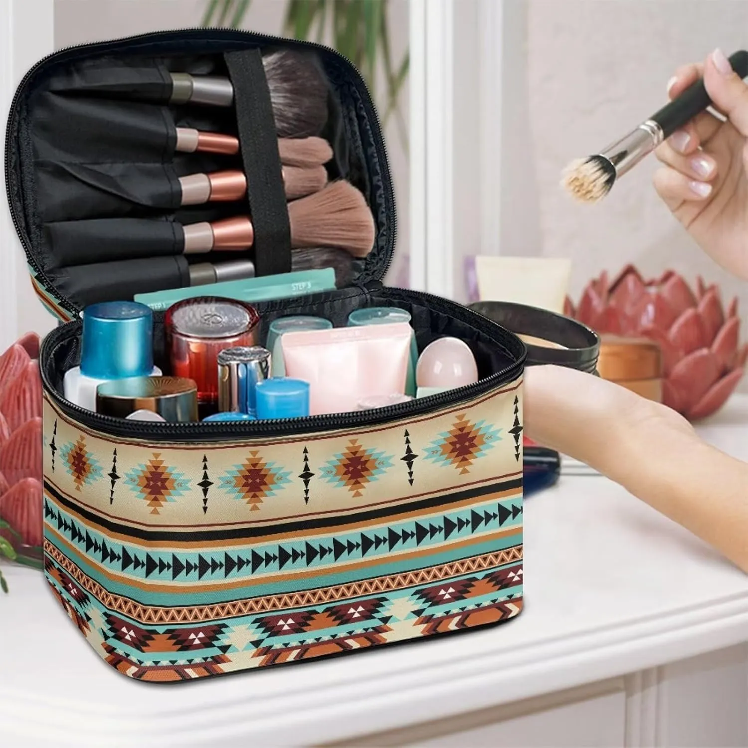 SEANATIVE Aztec Ethnic Makeup Bag Large Capacity Travel Cosmetic Case Organizer Multifunctional Open Flat Toiletry Bag with Handle for Women, Ethnic Style