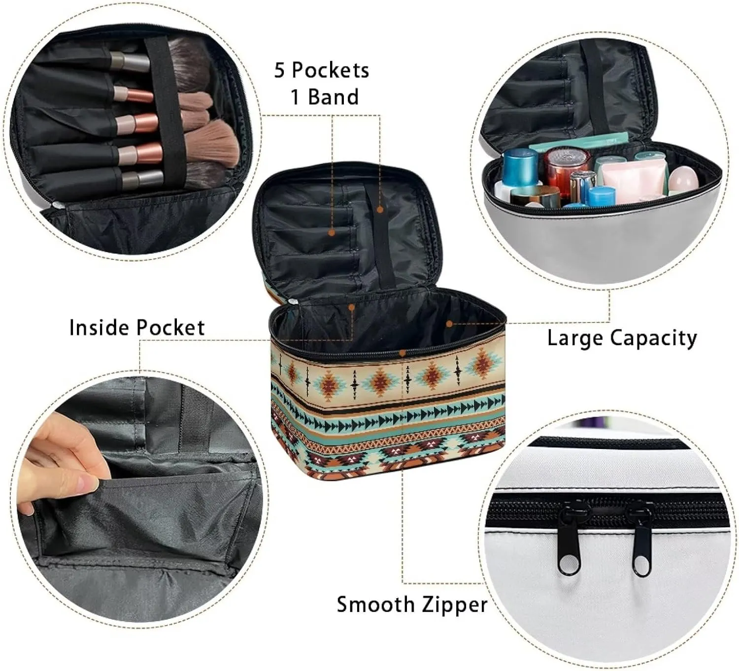 SEANATIVE Aztec Ethnic Makeup Bag Large Capacity Travel Cosmetic Case Organizer Multifunctional Open Flat Toiletry Bag with Handle for Women, Ethnic Style