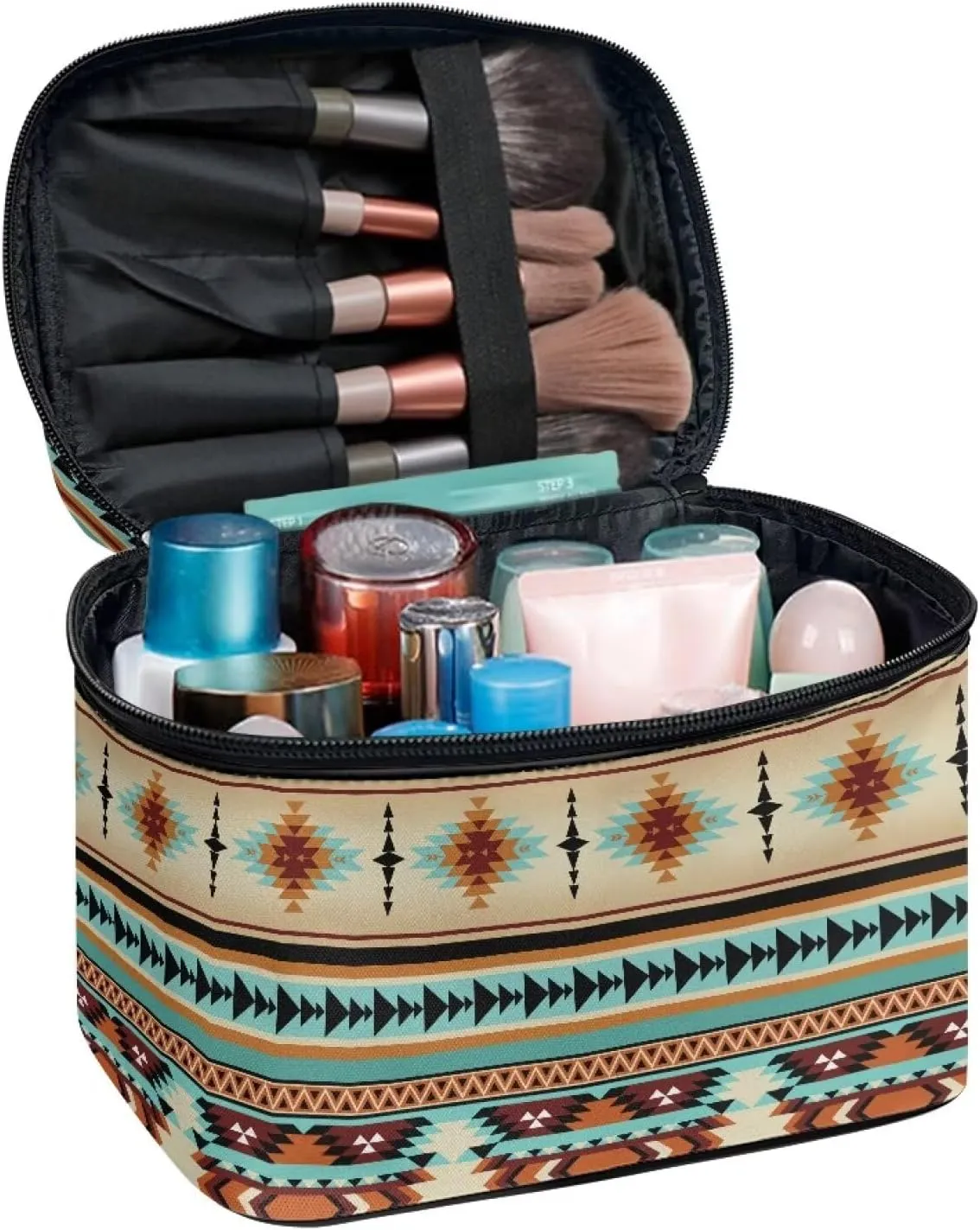 SEANATIVE Aztec Ethnic Makeup Bag Large Capacity Travel Cosmetic Case Organizer Multifunctional Open Flat Toiletry Bag with Handle for Women, Ethnic Style