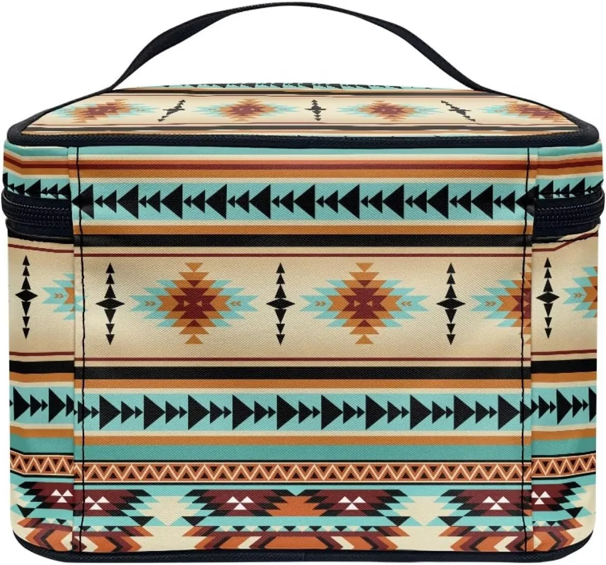 SEANATIVE Aztec Ethnic Makeup Bag Large Capacity Travel Cosmetic Case Organizer Multifunctional Open Flat Toiletry Bag with Handle for Women, Ethnic Style