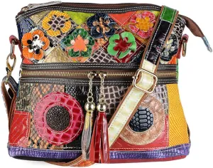 Segater® Women’s Multicolor Floral Crossbody Bag Cowhide Leather Handbag Colorful Purses Vintage Snake Pattern Shoulder Bag