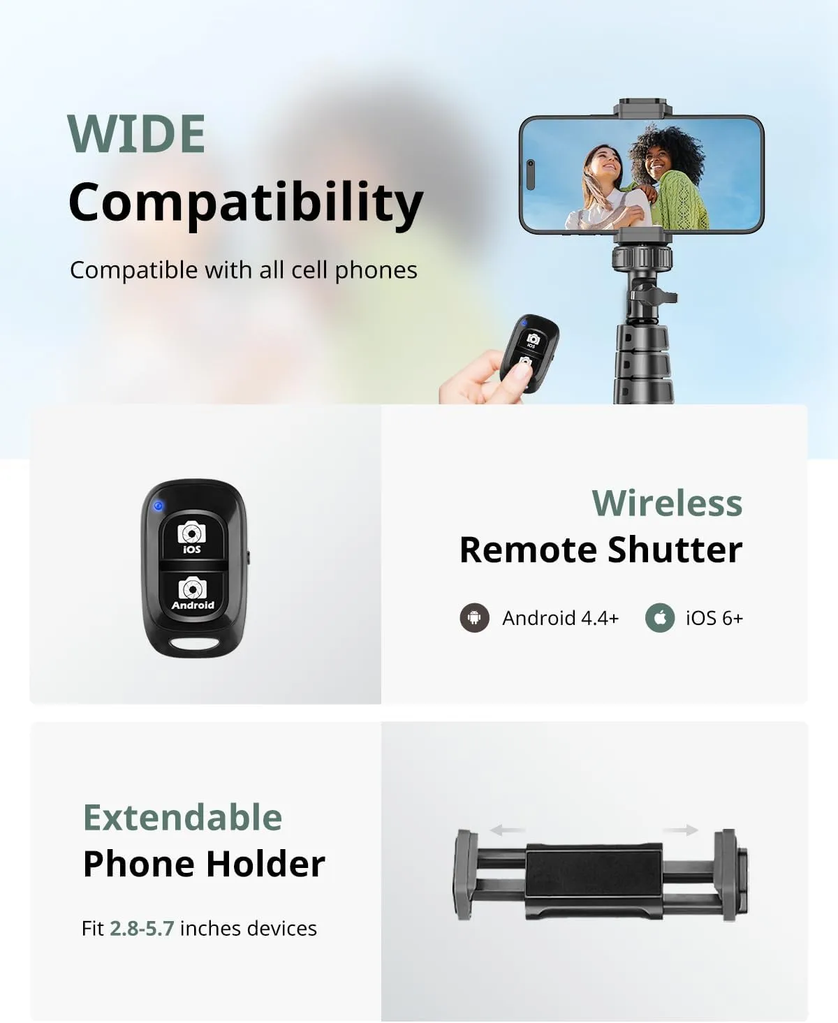 SENSYNE 62" Phone Tripod & Selfie Stick, Extendable Cell Phone Tripod Stand with Wireless Remote and Phone Holder, Compatible with iPhone Android Phone, Camera