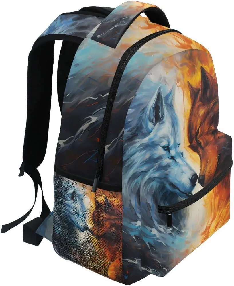 senya Wolf Backpack Vintage Wolf with Fire School Bag Travel Daypack Rucksack for Students Boys Girls, Laptop Backpack
