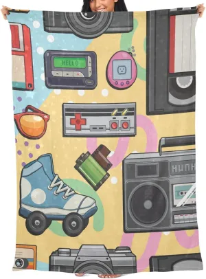 Set of Vintage Retro 1980s Style Items That Symbolize The 80s Decade Tv VHS Pc Throw Blanket Travel Blankt Airplane Blanket with Bag Flannel Pillow Blankets Portable Compact Blanket for Tr