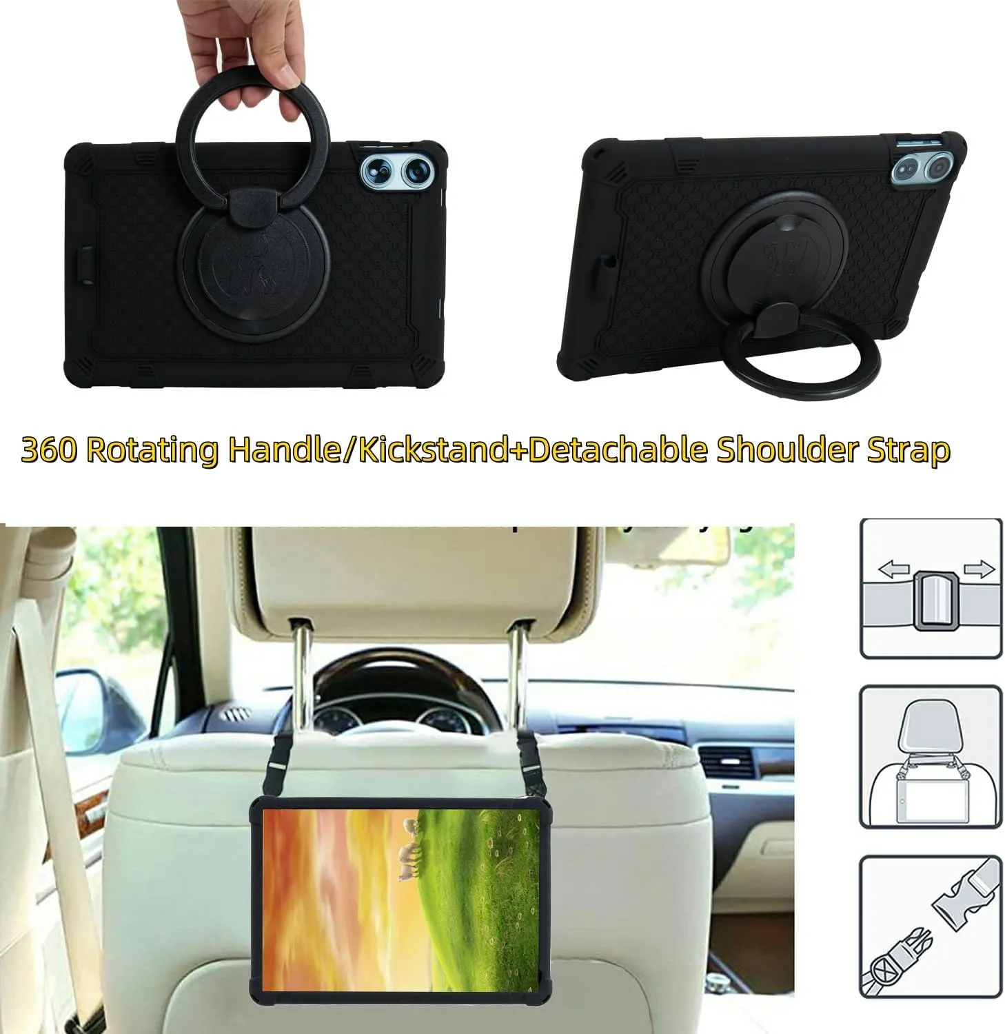 Silicone Tablet Case with 360 Rotating Kickstand/Handle and Detachable Shoulder Strap Shockproof Cover Compatible with Teclast T60 Plus 12 inch Black