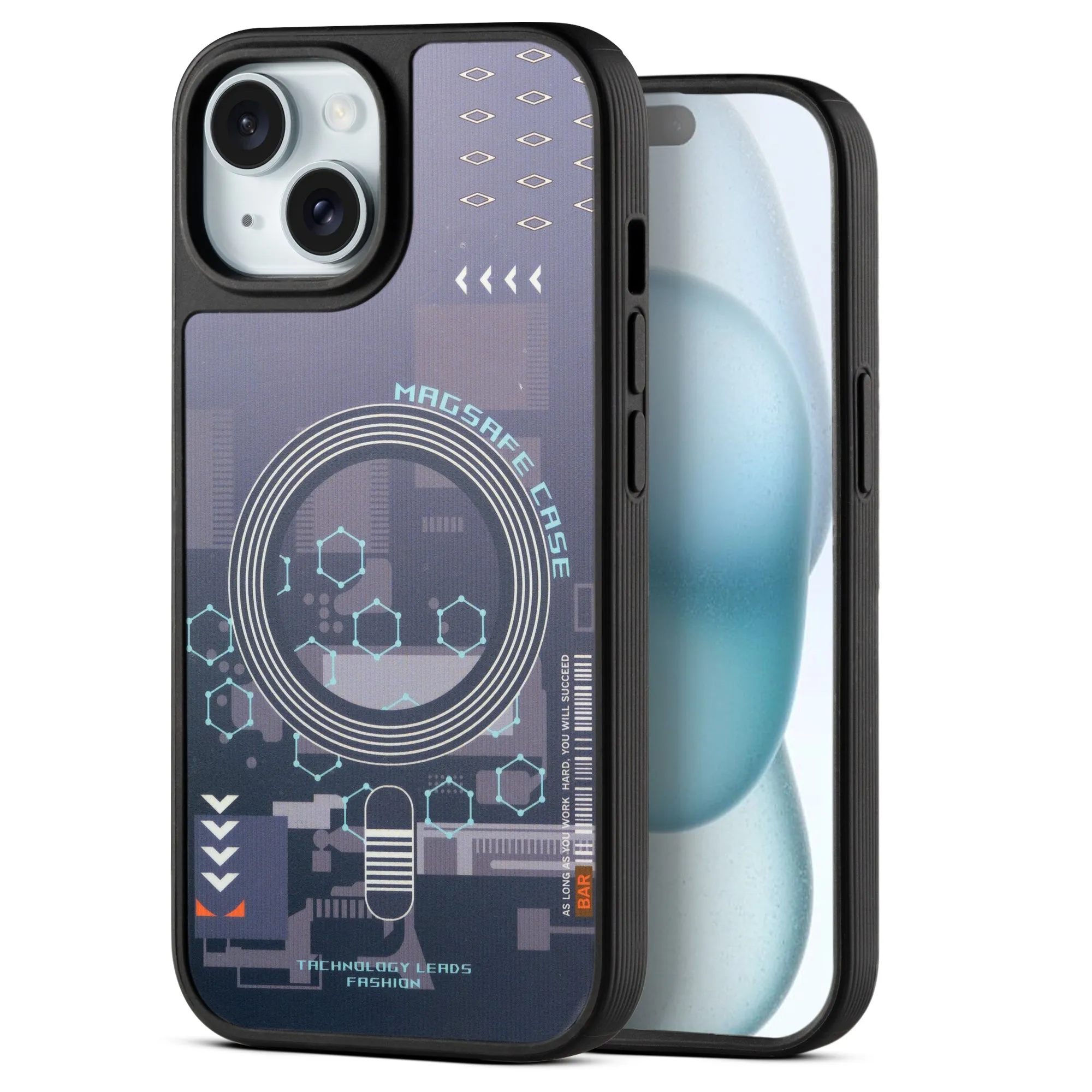 Silicone Textured Frame Printed Hard Back Case For Apple iPhone 15 With Raised Camera Bumper