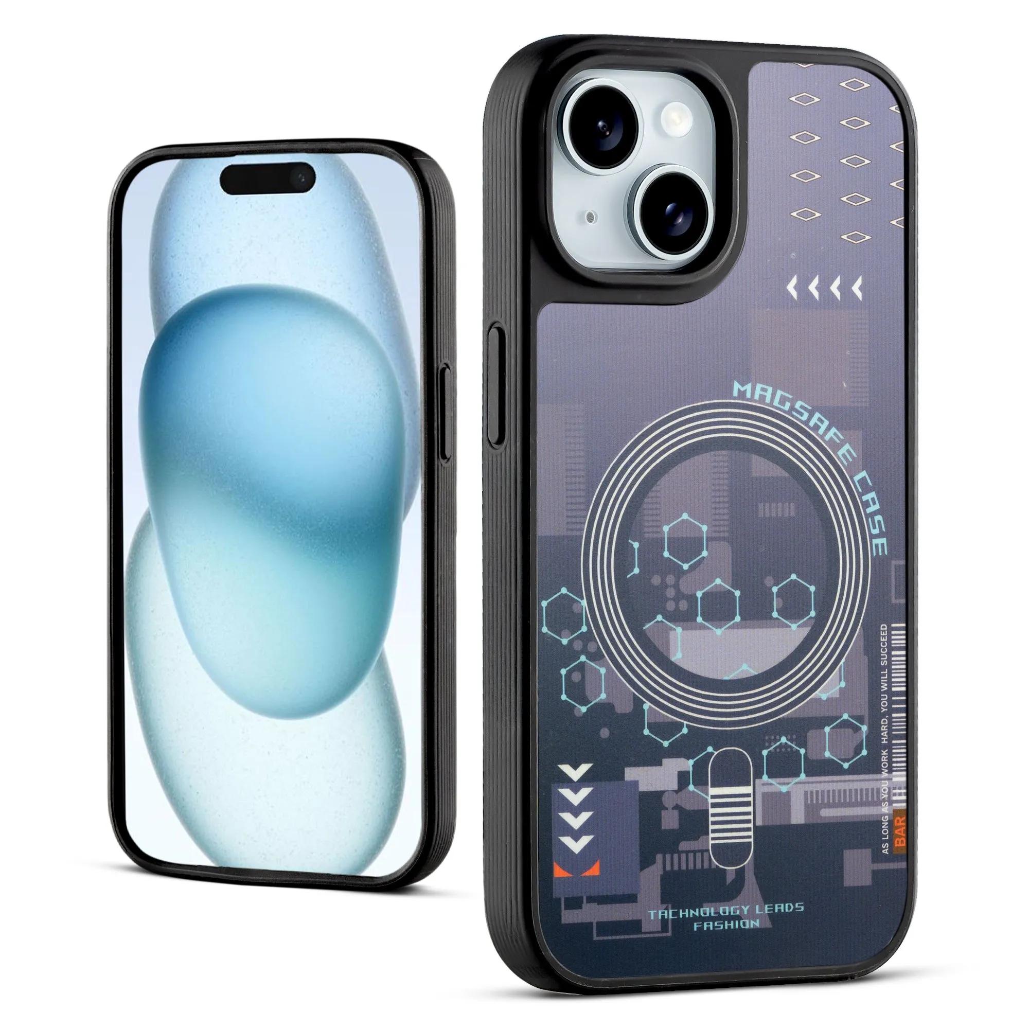 Silicone Textured Frame Printed Hard Back Case For Apple iPhone 15 With Raised Camera Bumper
