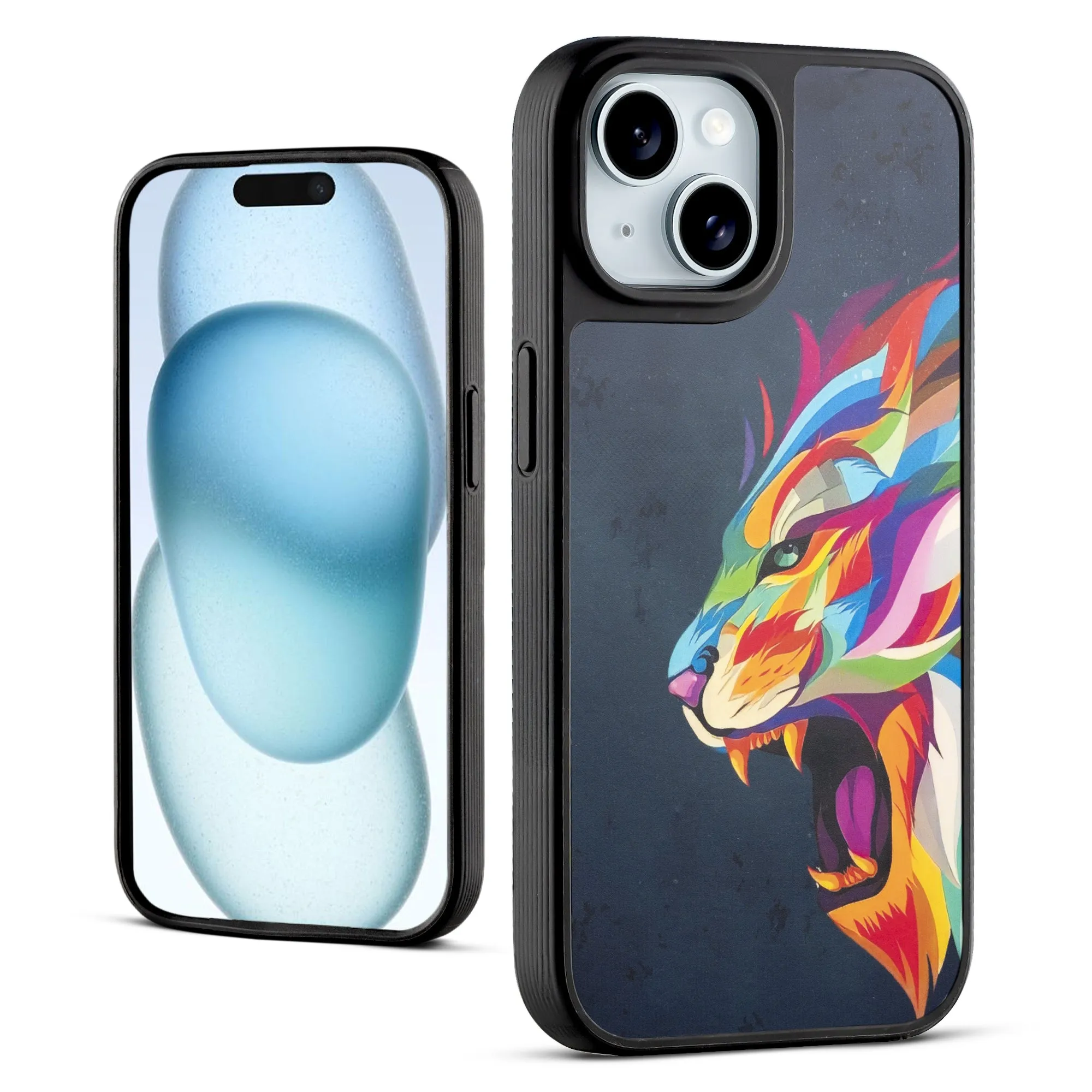 Silicone Textured Frame Printed Hard Back Case For Apple iPhone 15 With Raised Camera Bumper