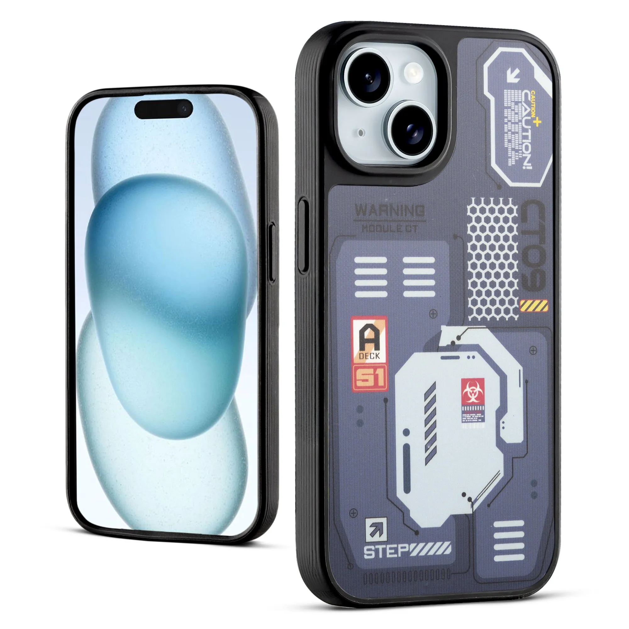 Silicone Textured Frame Printed Hard Back Case For Apple iPhone 15 With Raised Camera Bumper