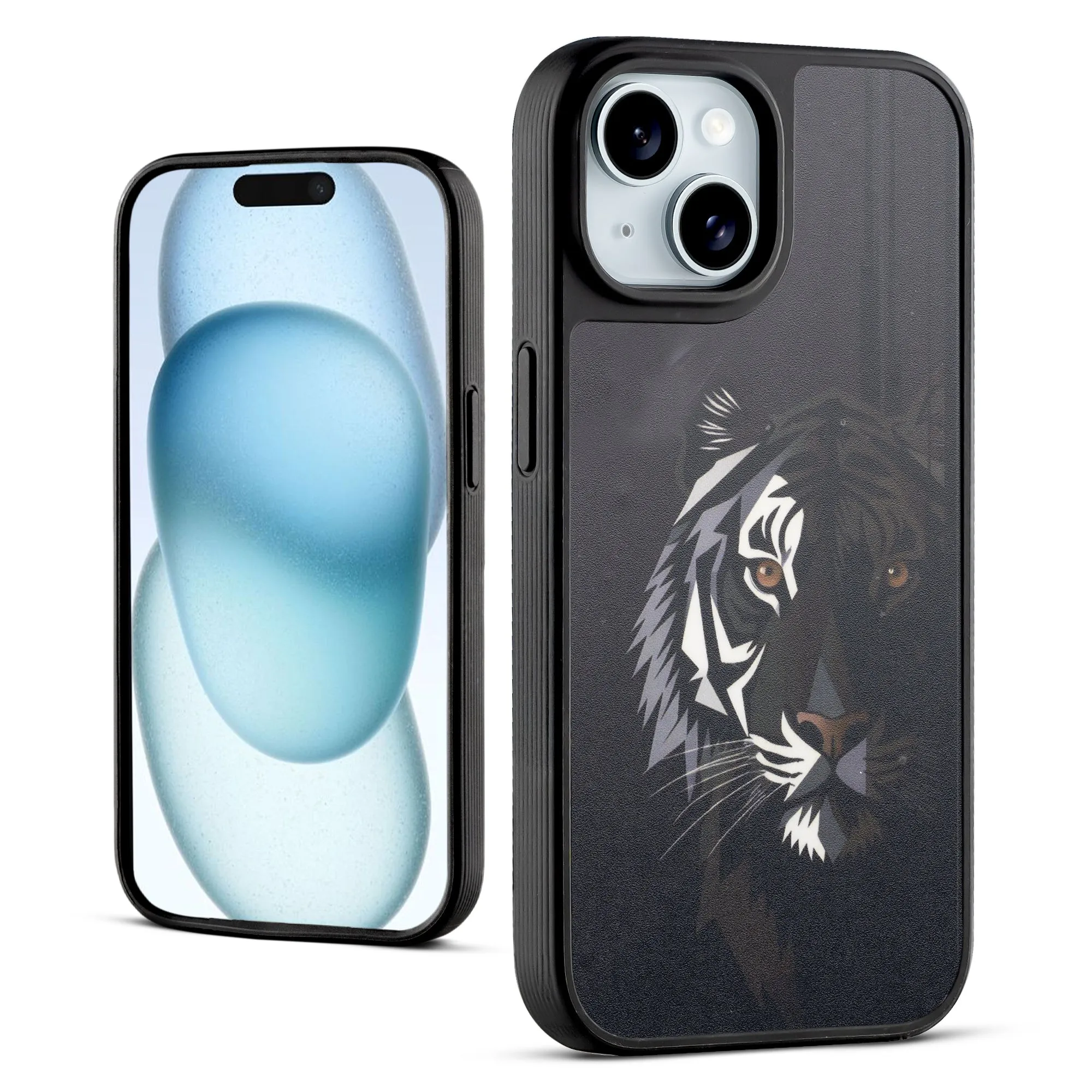 Silicone Textured Frame Printed Hard Back Case For Apple iPhone 15 With Raised Camera Bumper