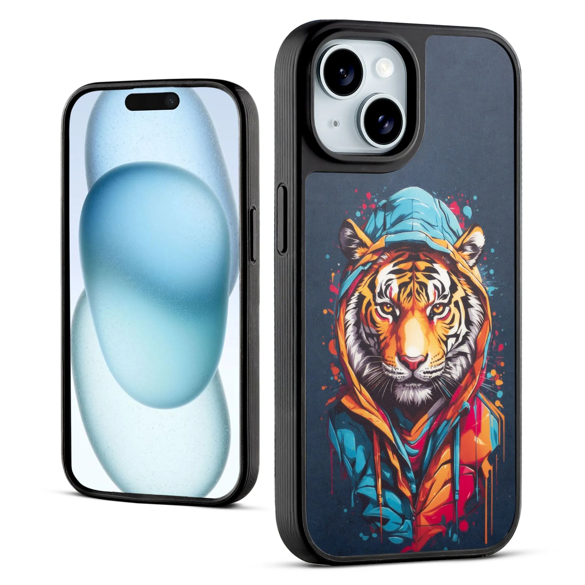Silicone Textured Frame Printed Hard Back Case For Apple iPhone 15 With Raised Camera Bumper