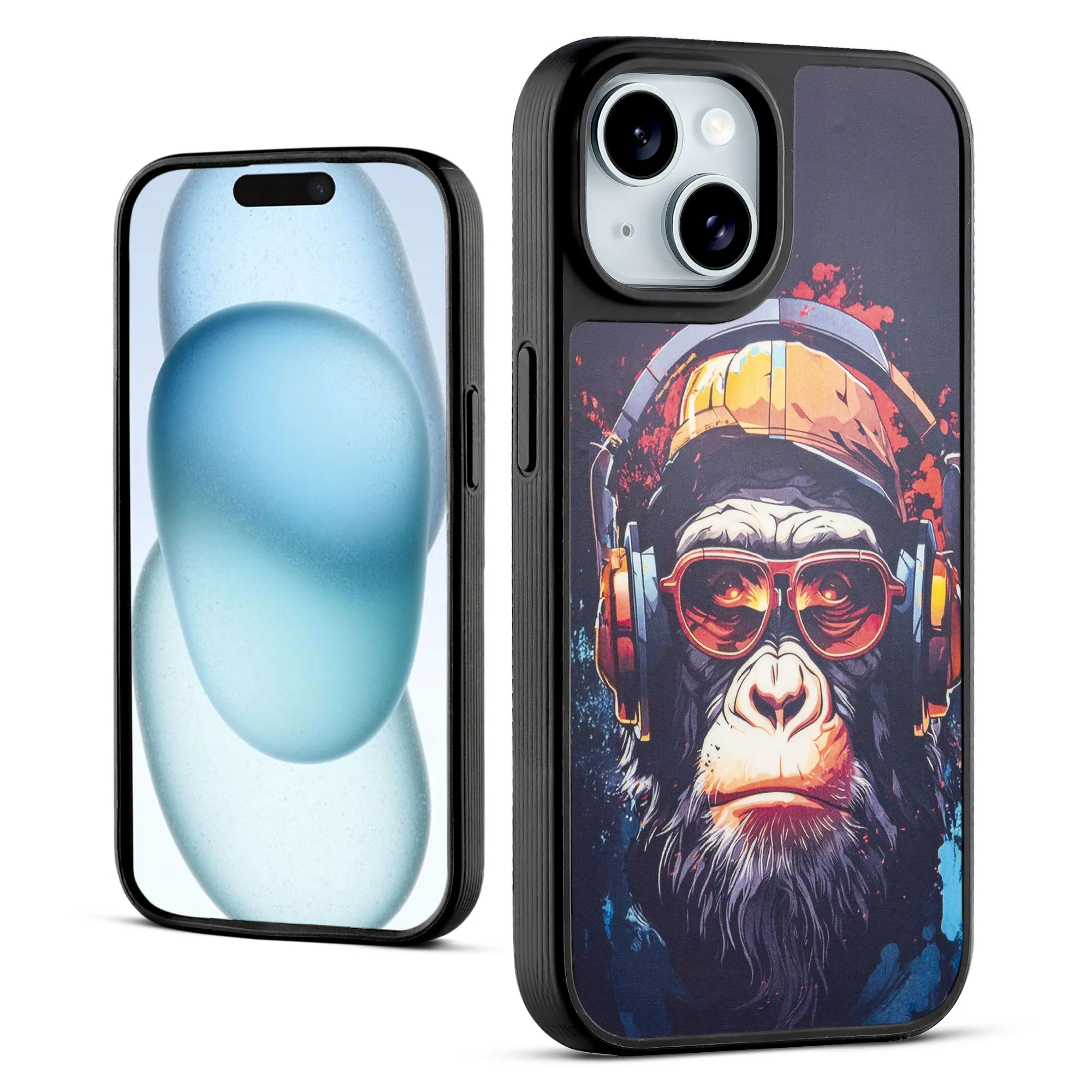 Silicone Textured Frame Printed Hard Back Case For Apple iPhone 15 With Raised Camera Bumper