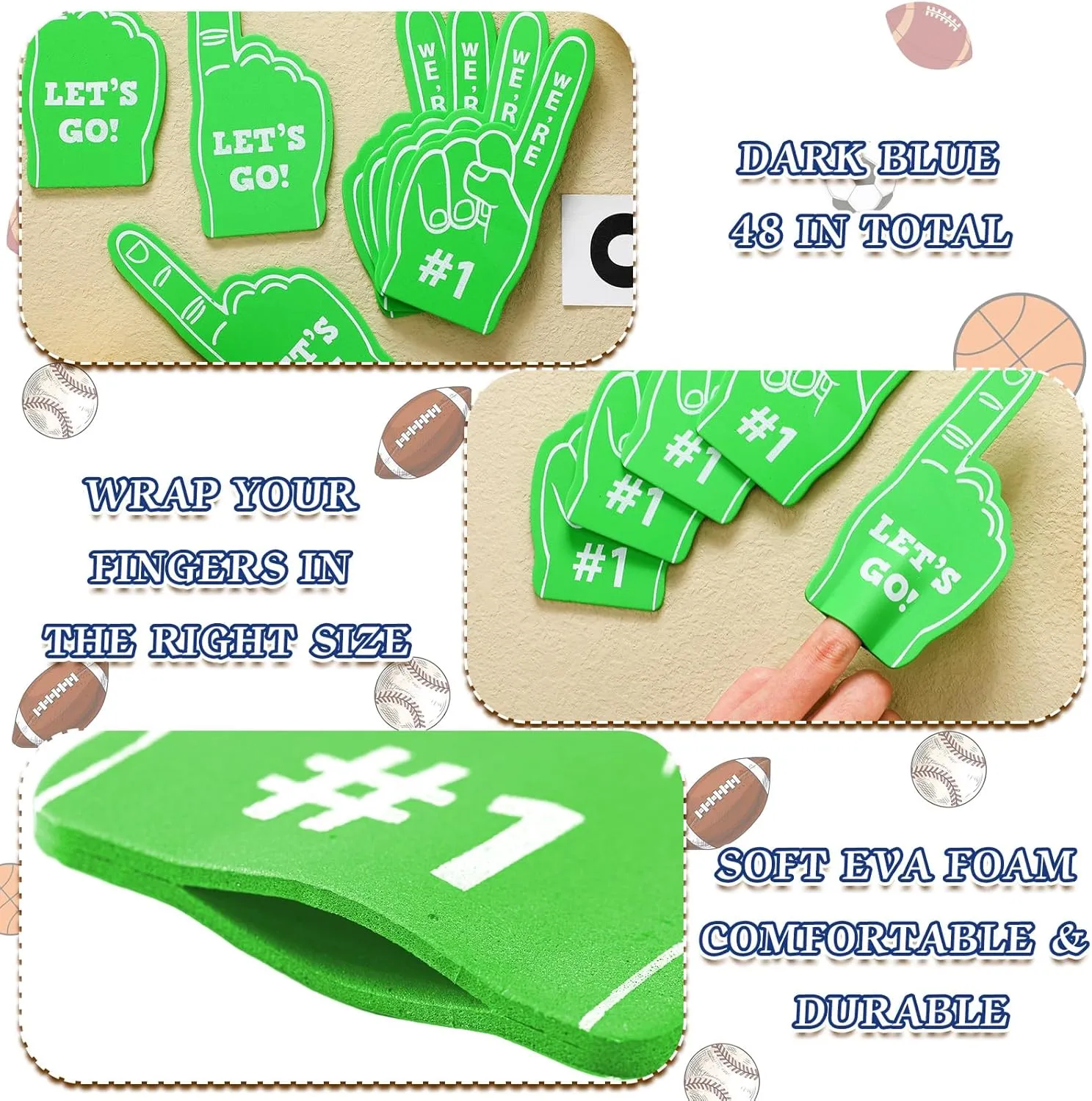 Sinmoe 48 Pieces Sport Party Favors Fan Foam Finger Mini #1 Basketball Baseball Football Soccer Team Cheerleader Gifts for Sporting Events Games Birthday Supplies