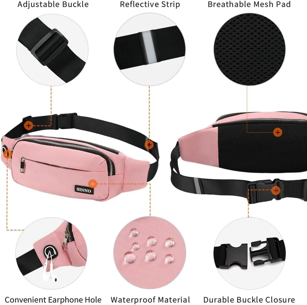 SINNO Large Crossbody Fanny Pack for Women Men Belt Bag With 4-Zipper Pockets for Travel Running Hiking Workout Dog Walking Outdoors Sport Fishing Waist Pack Bag Carrying All Phones