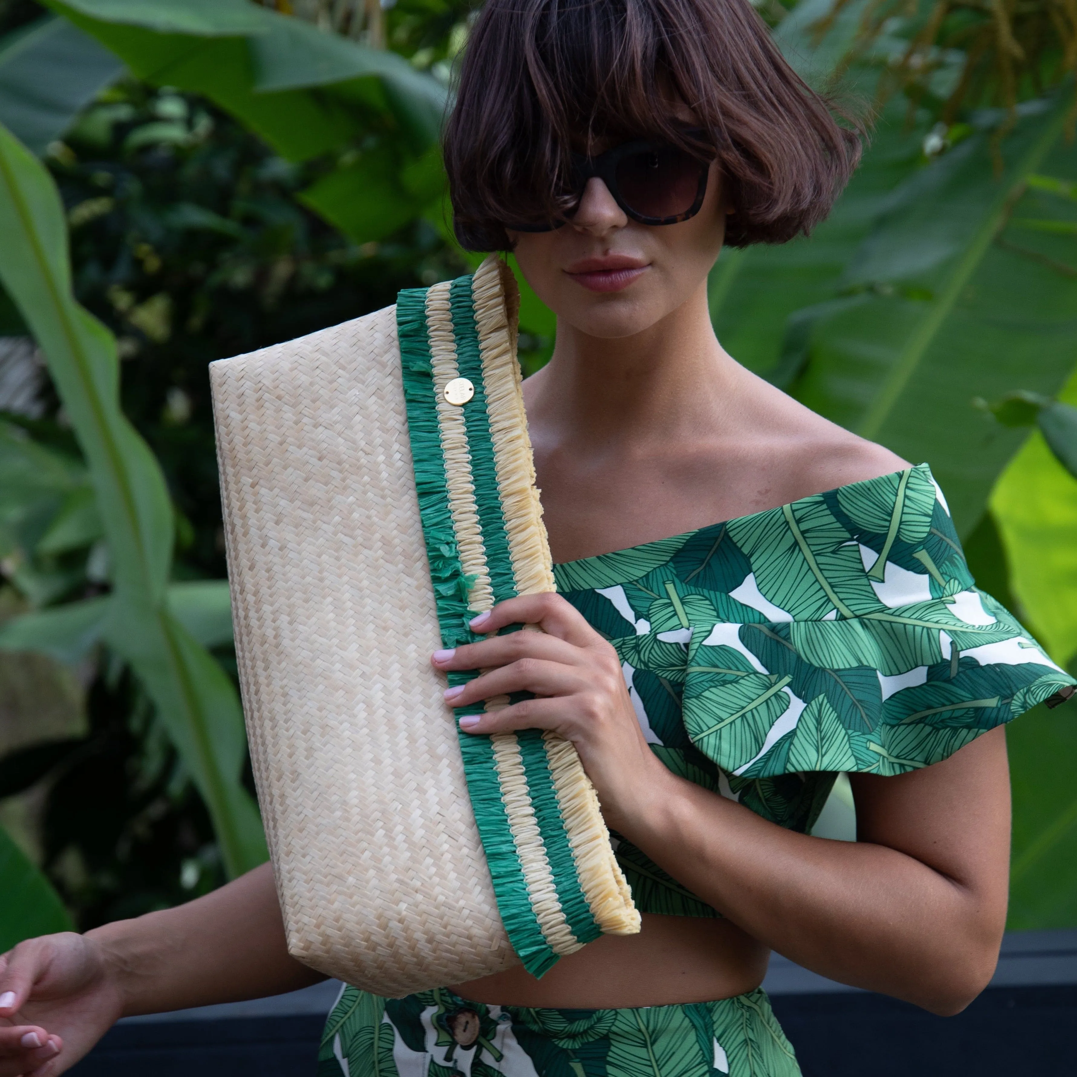 Sita Raffia & Bamboo Vegan Clutch Bag | Natural & Emerald Green