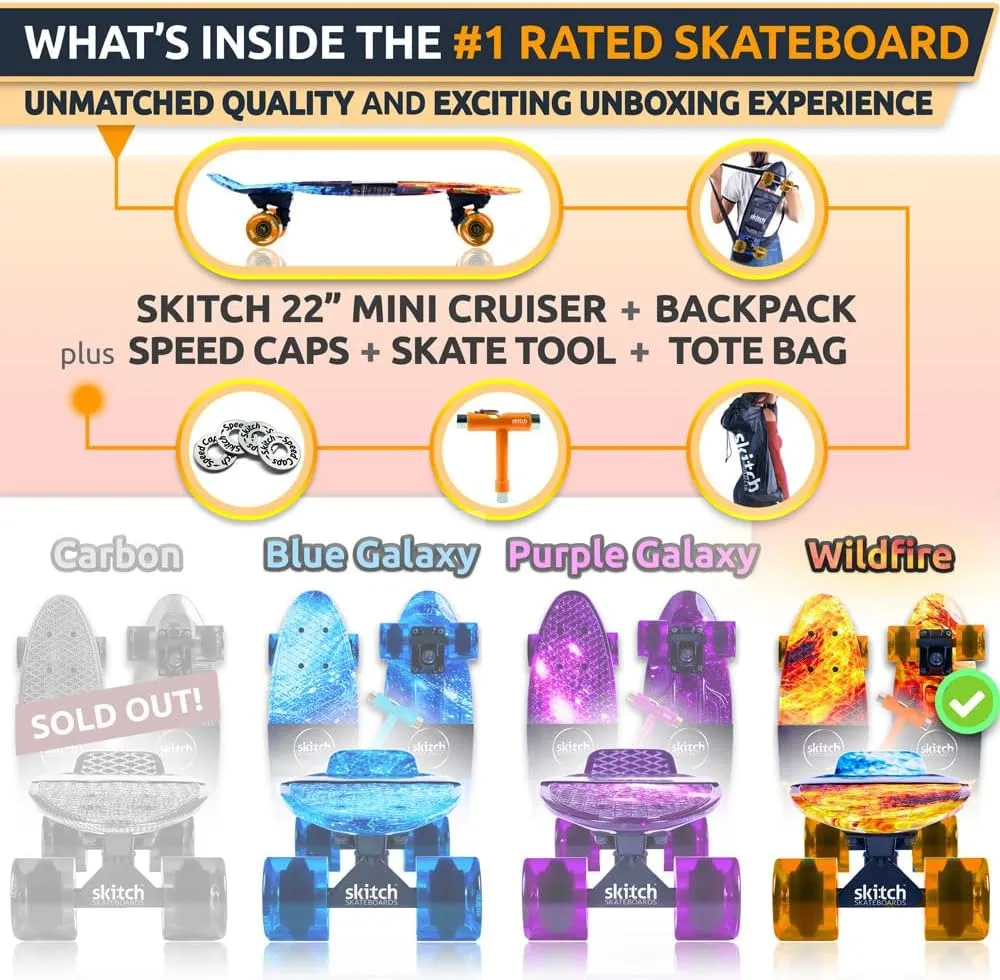 SKITCH Skateboards for Kids, Teens and Adults | Premium Skateboard Gift Set for Beginners and Pros Complete with Mini Cruiser Board   Skateboard Backpack   Video Course   Speed Control   Skate Tool