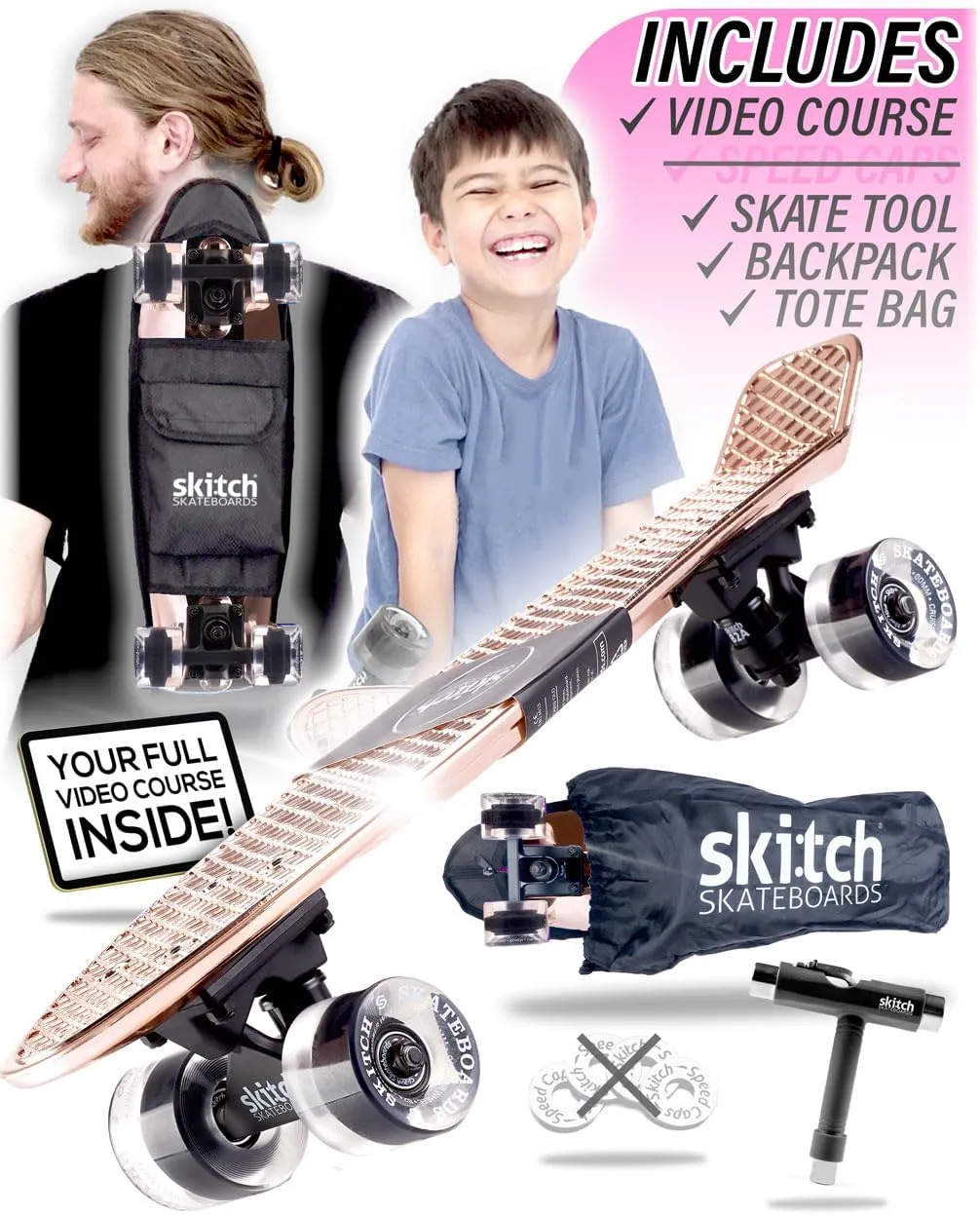 SKITCH Skateboards for Kids, Teens and Adults | Premium Skateboard Gift Set for Beginners and Pros Complete with Mini Cruiser Board   Skateboard Backpack   Video Course   Speed Control   Skate Tool