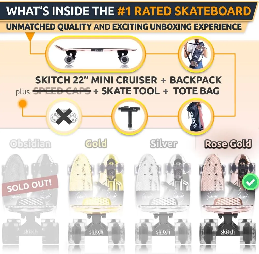 SKITCH Skateboards for Kids, Teens and Adults | Premium Skateboard Gift Set for Beginners and Pros Complete with Mini Cruiser Board   Skateboard Backpack   Video Course   Speed Control   Skate Tool